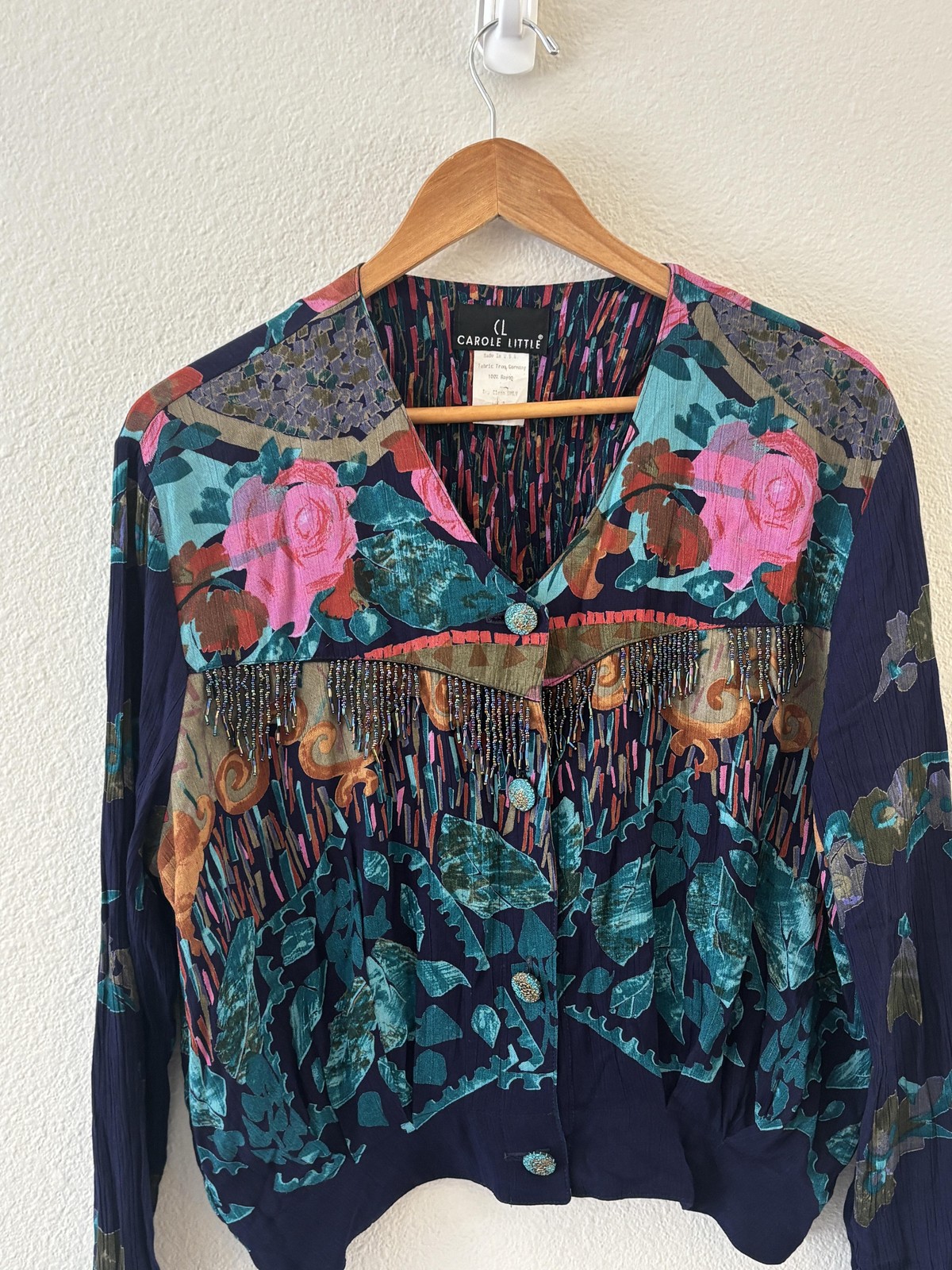 Vtg Carole Little Beaded Blouse Womens 10 Multicolor Floral Boho Artsy Festival