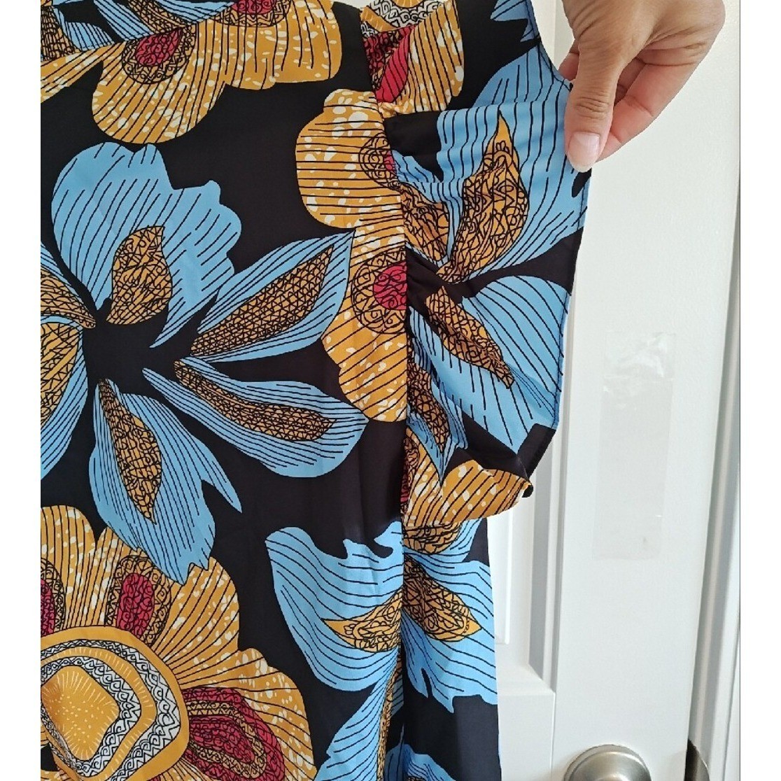Floral Ruffle Sleeve Button Down Blouse Blue Yellow Pleated Front Women medium