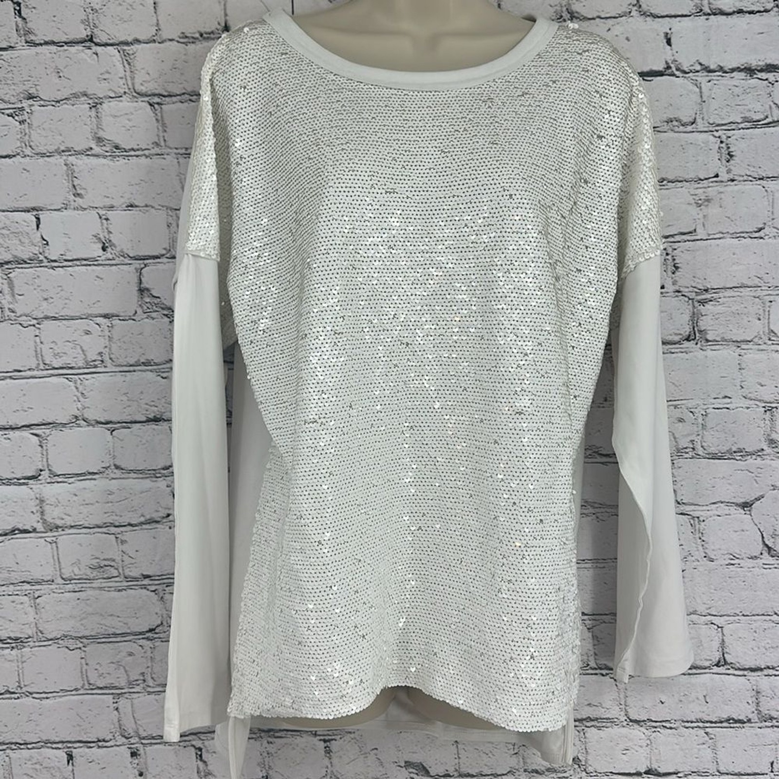 ALBERTO MAKALI Sequin Knit Round Neckline Long Sleeve Tunic MEDIUM Ivory NWT