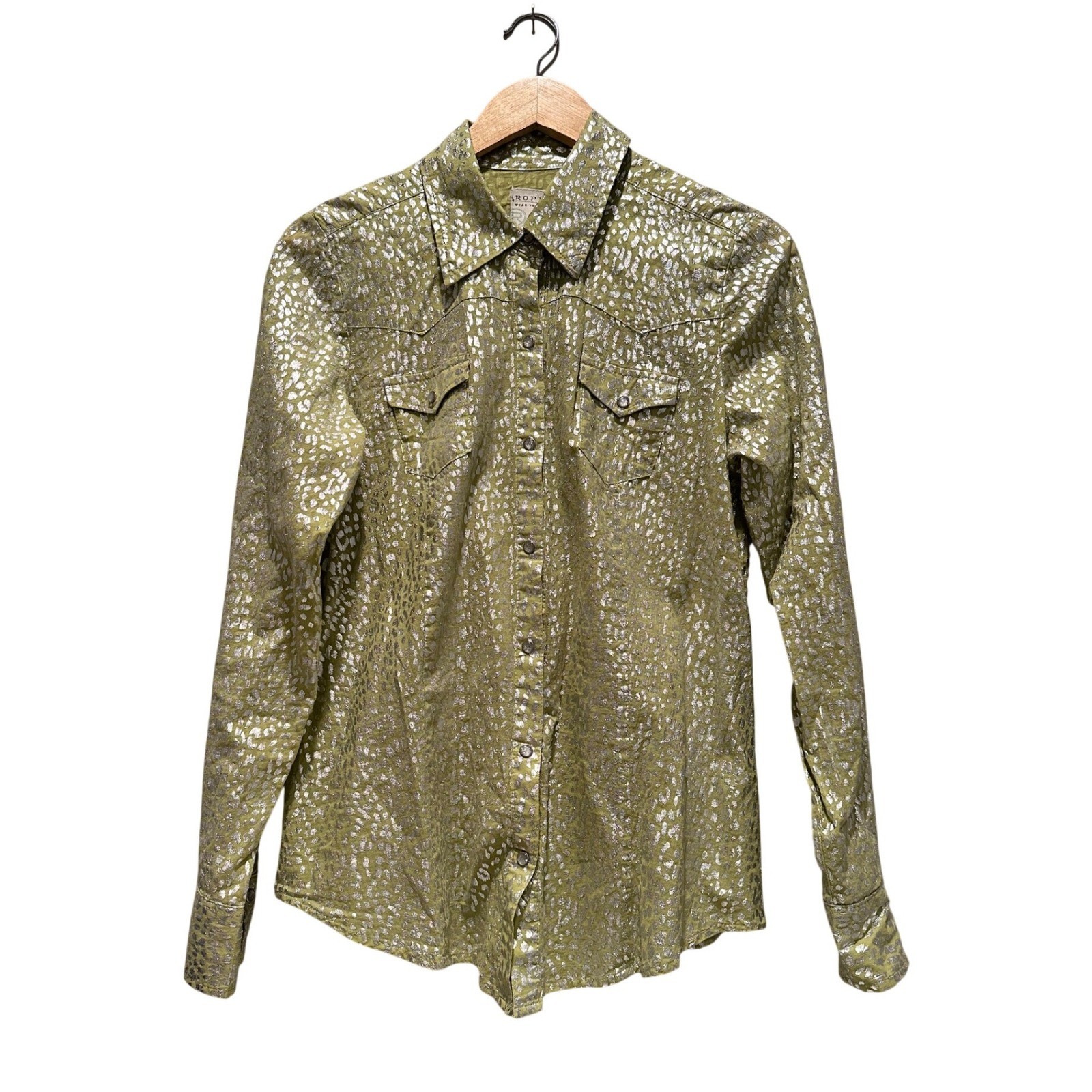 Roper Western Metallic Snap Shirt Green Animal Print Large Rodeo Cowgirl Top