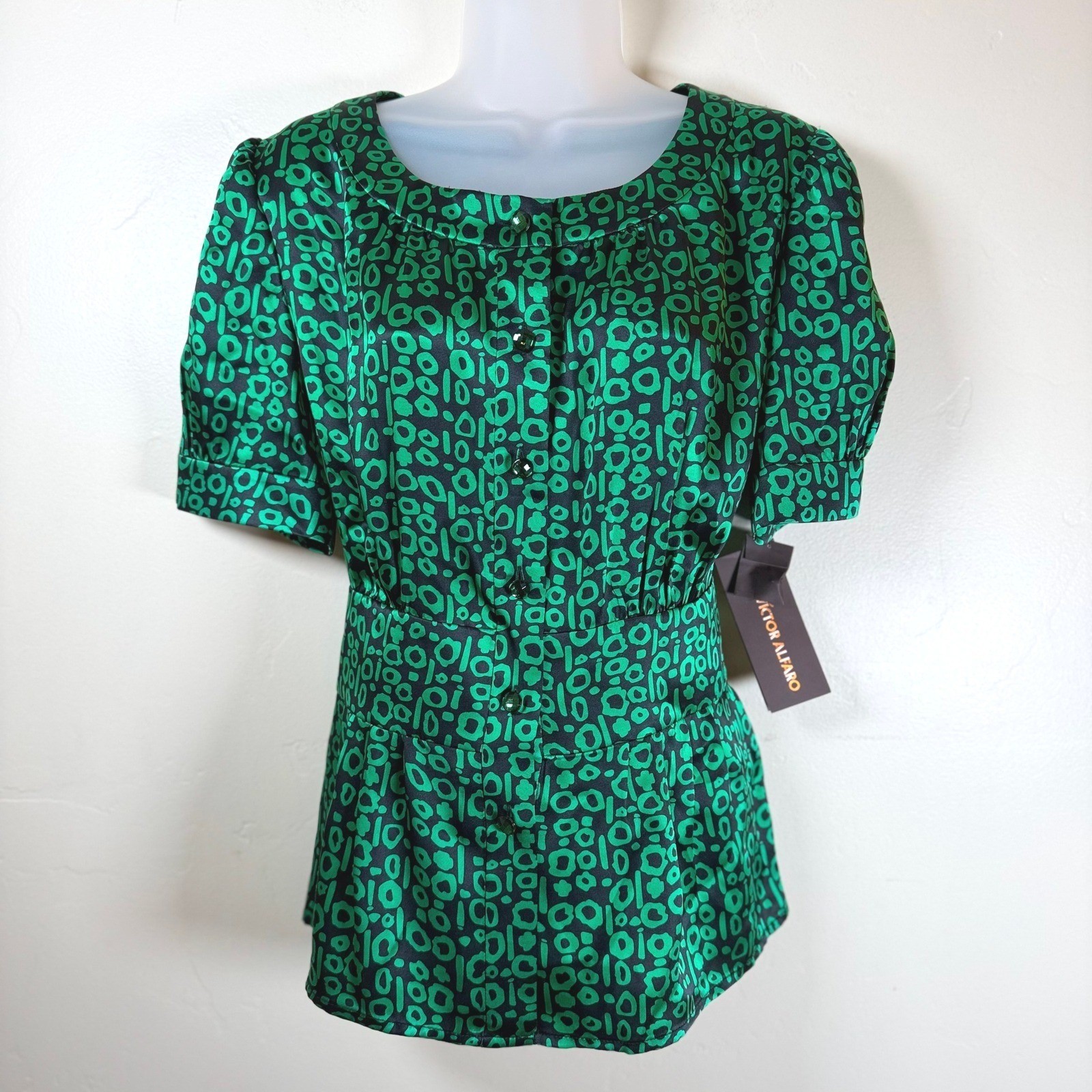 Victor Alfaro Jewel Rhapsody Silk Blouse Women 10 Clover Green Party Elegant NEW
