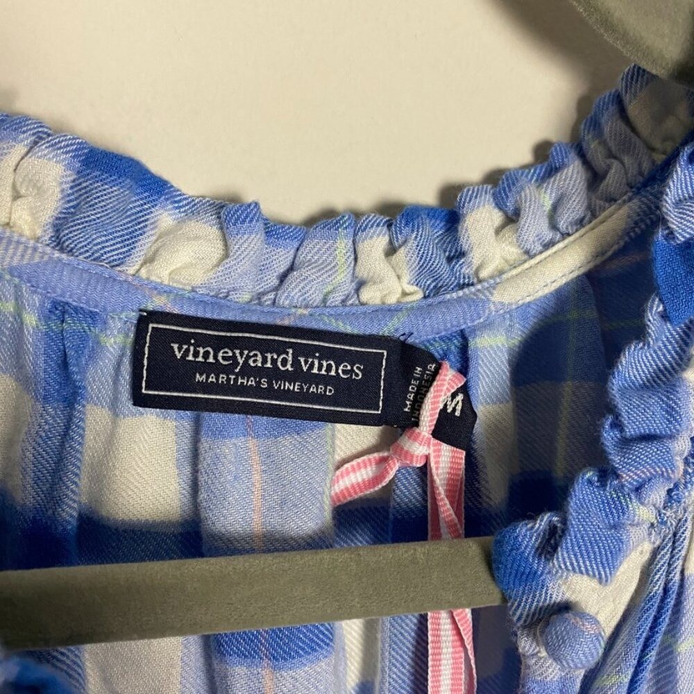 Vineyard Vines Ruffle Neck Plaid Top Calm Water Blue Womens Medium