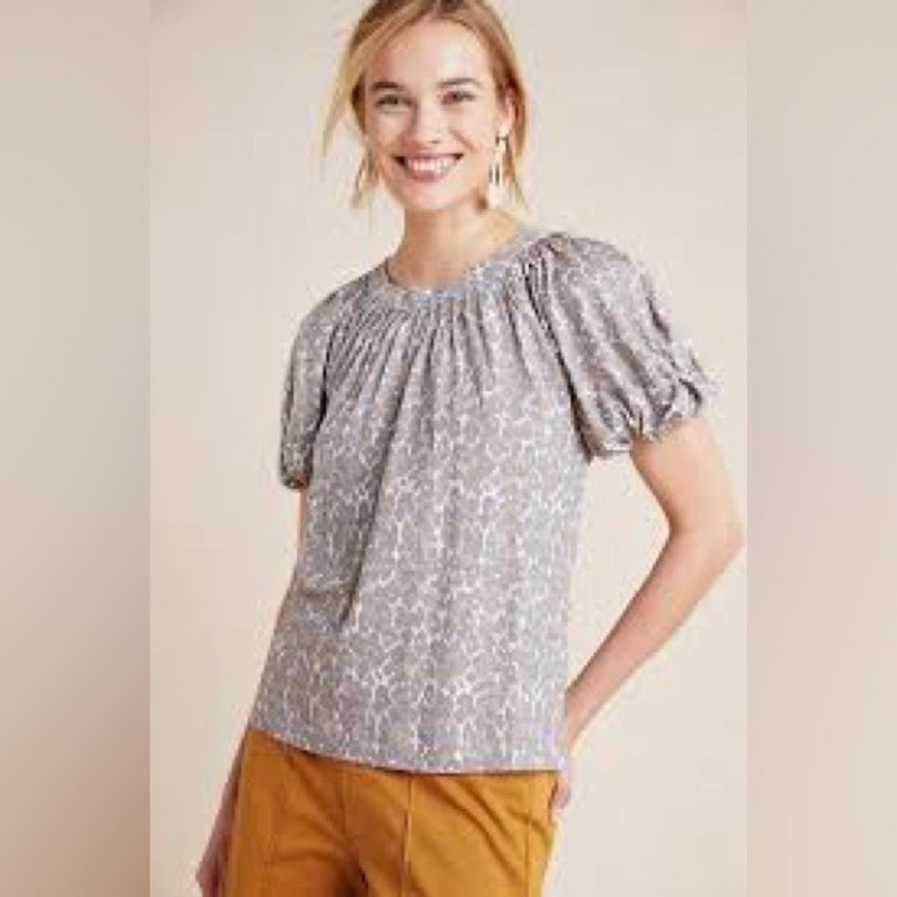 Maeve Linen Puff Sleeve Leopard Print Blouse Size Medium