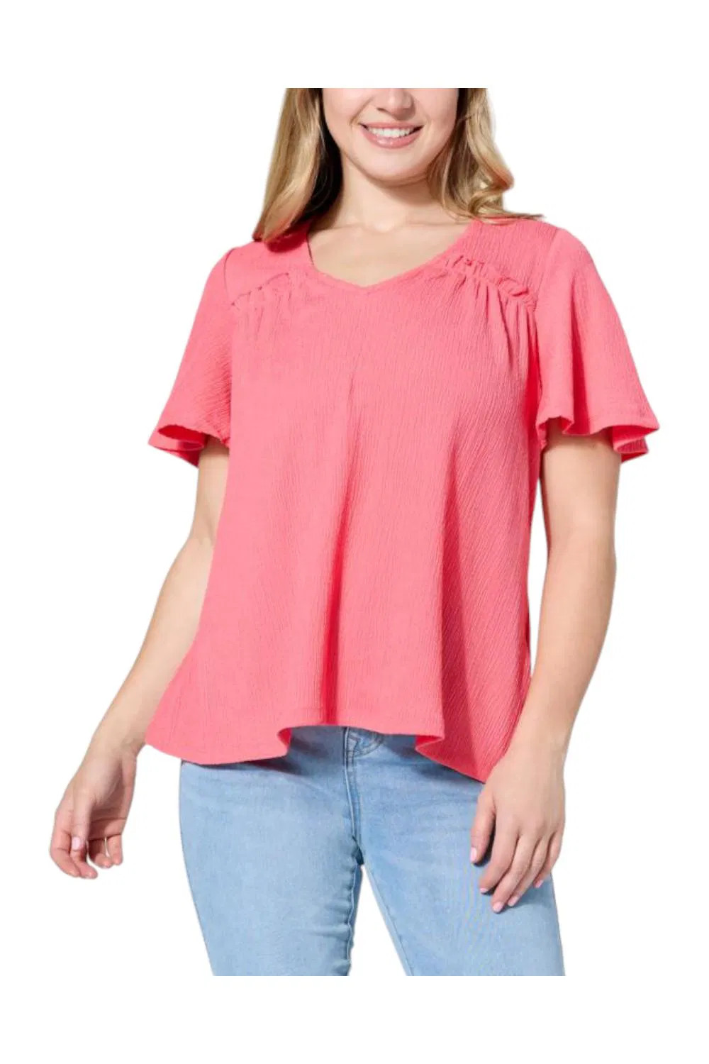 DG2 by Diane Gilman Women’s Plissé Knit Flutter-Sleeve V-Neck Top Pink