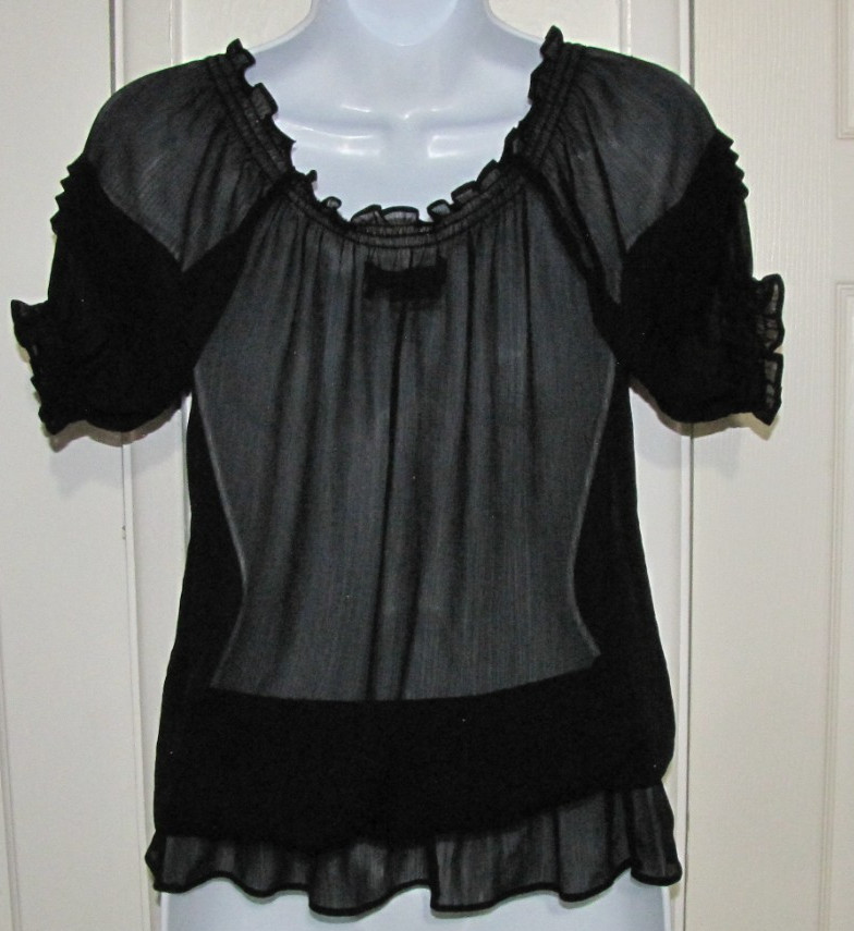 MILEY CYRUS Sheer Peplum Top Short-Puff-sleeve Pleated-front Scoop-neck Wm. S