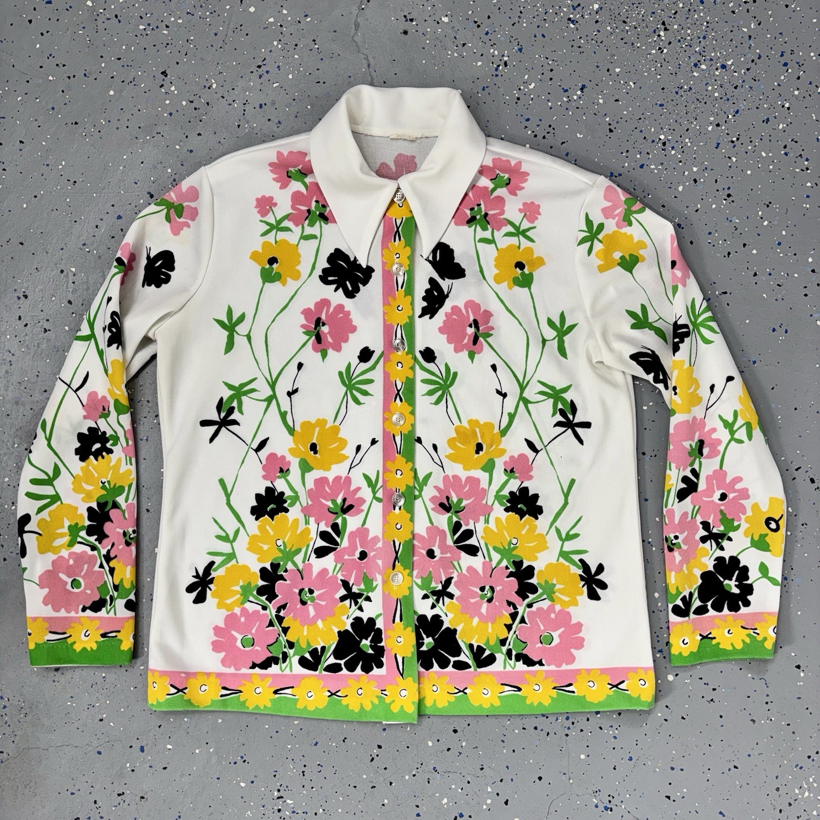 Vintage 70s Butterfly Floral Knit Button Up Blouse Long Sleeve Dagger Collar 1X