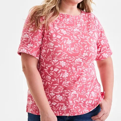 Style & Co Size 1X Pink Floral print knit top, boatneck, cuff short sleeve, NWT