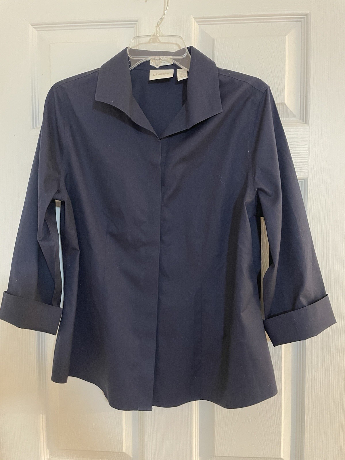 Chico’s Women’s Size 1 Navy Blue No Iron 3/4 Length Sleeve Button Up Blouse