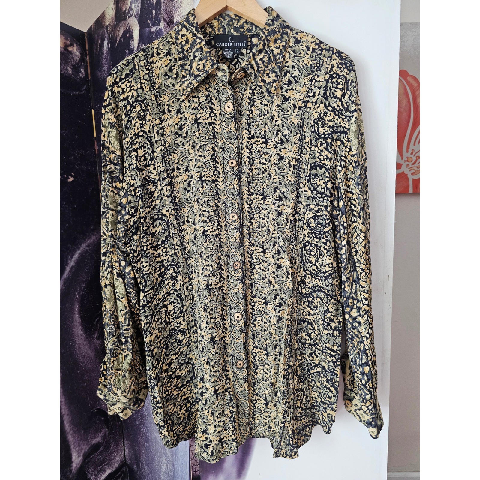 Carole Little Vintage Floral Print Button Down Long Sleeve Blouse Size 12