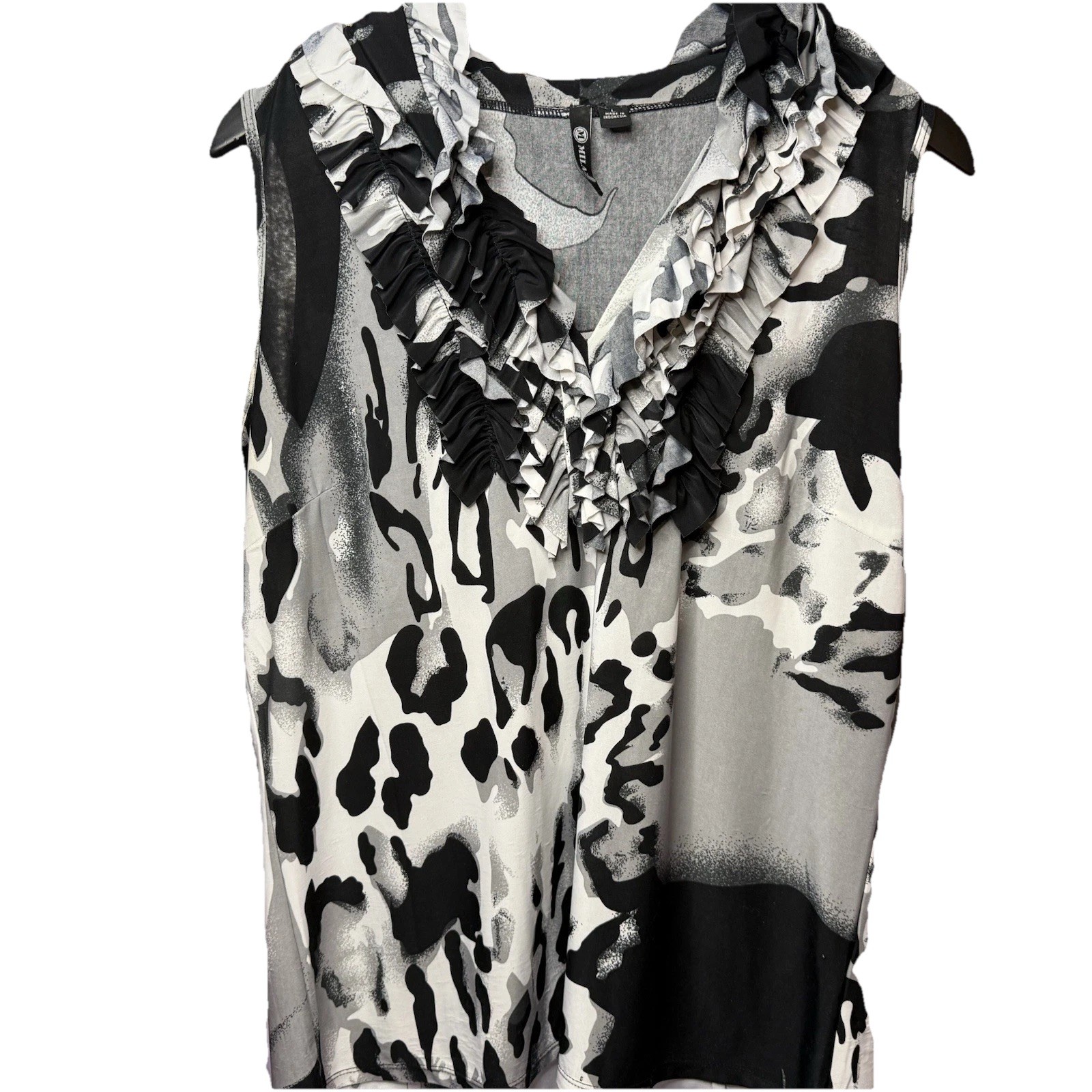 Milano Women’s Large Leopard Print Ruffled Neck Sleeveless Top Blouse