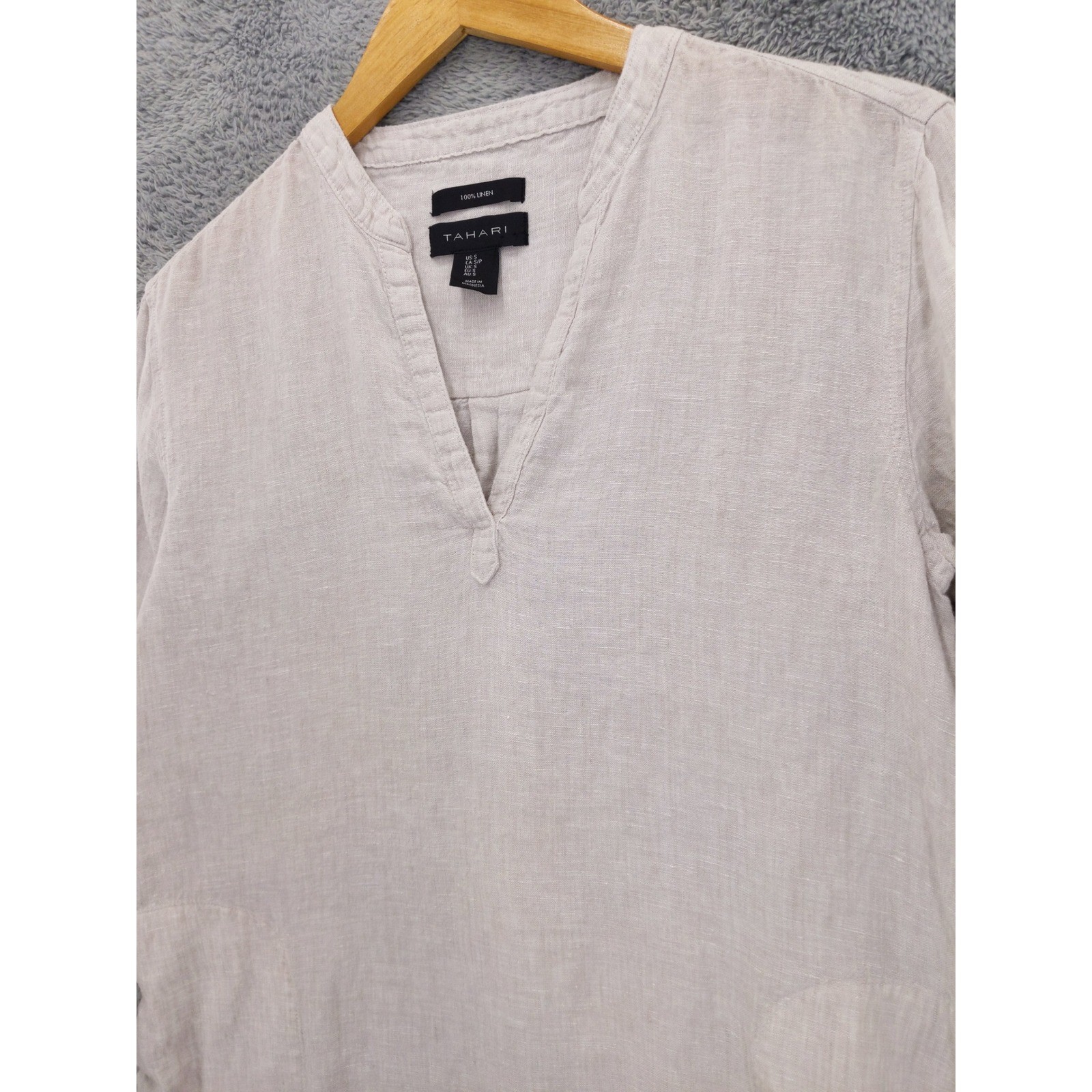 Tahari Tunic Top Womens Small Beige 100% Linen Roll Tab Sleeve Pockets