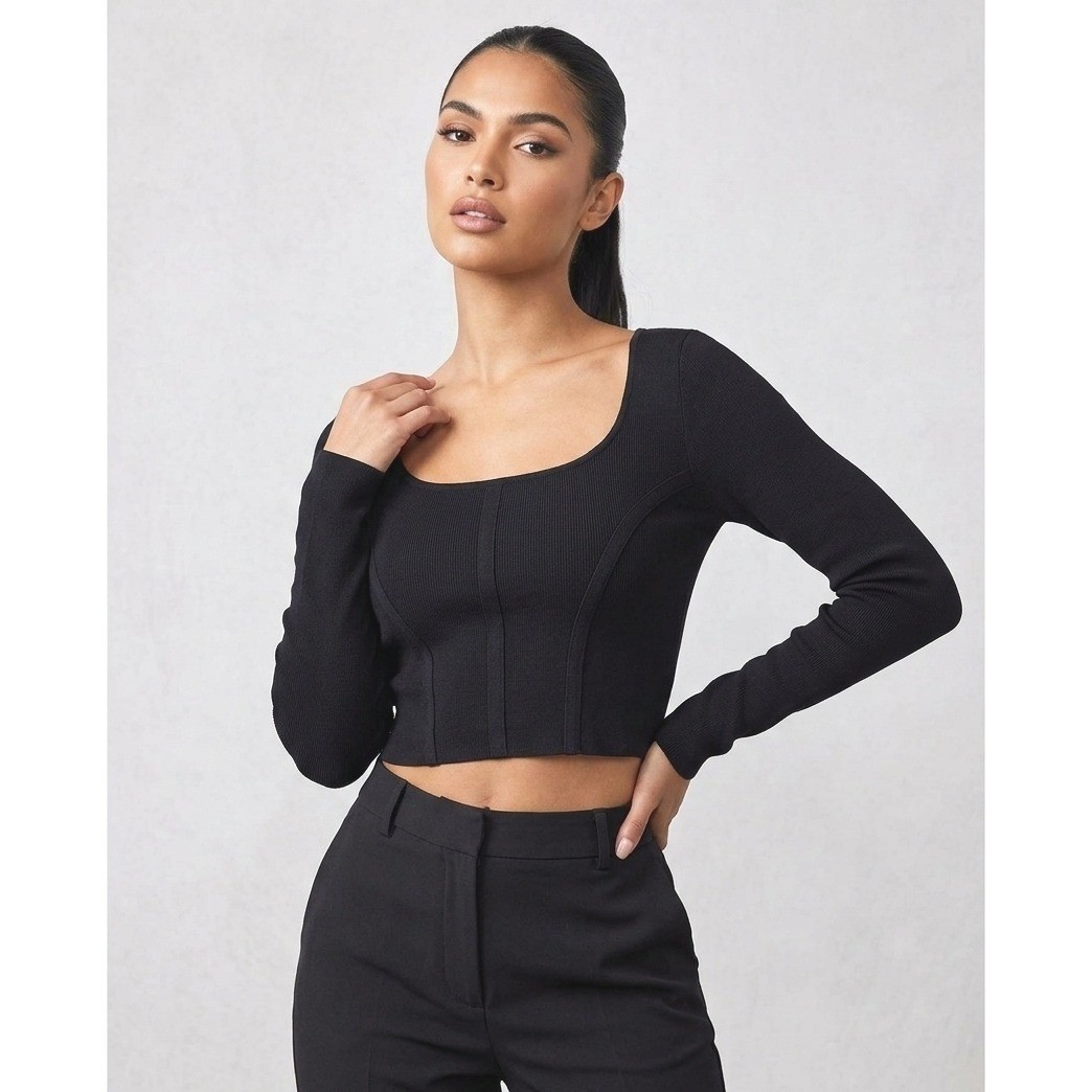 Womens Black Long Sleeve Ribbed Knit Crop Top Square Neck Size Small