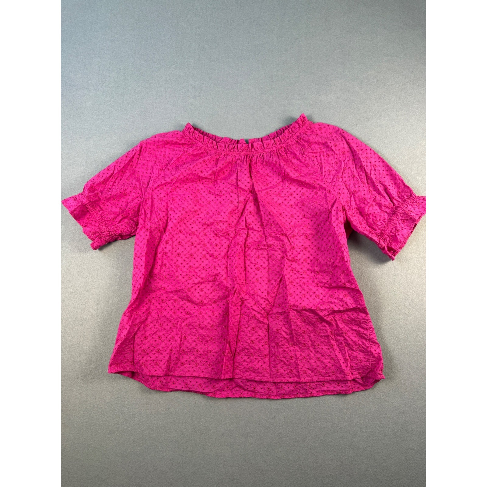LOFT Pink Eyelet Ruffle Neck Puff Sleeve Blouse Top Womens Medium Boho Summer
