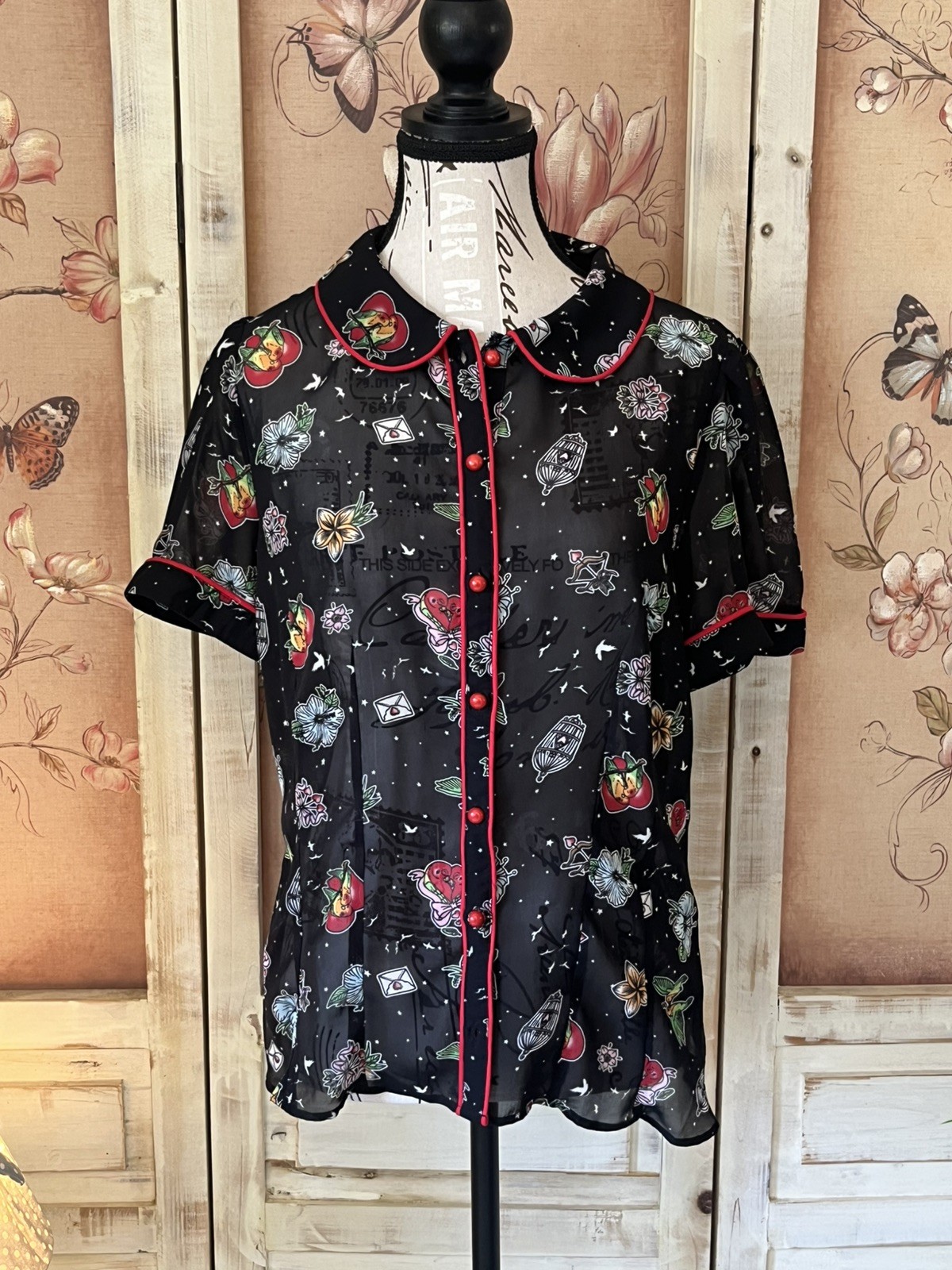 Rare Hell Bunny Lovebird Retro 50s Rockabilly Sheer Tattoo Print Blouse L /UK 14
