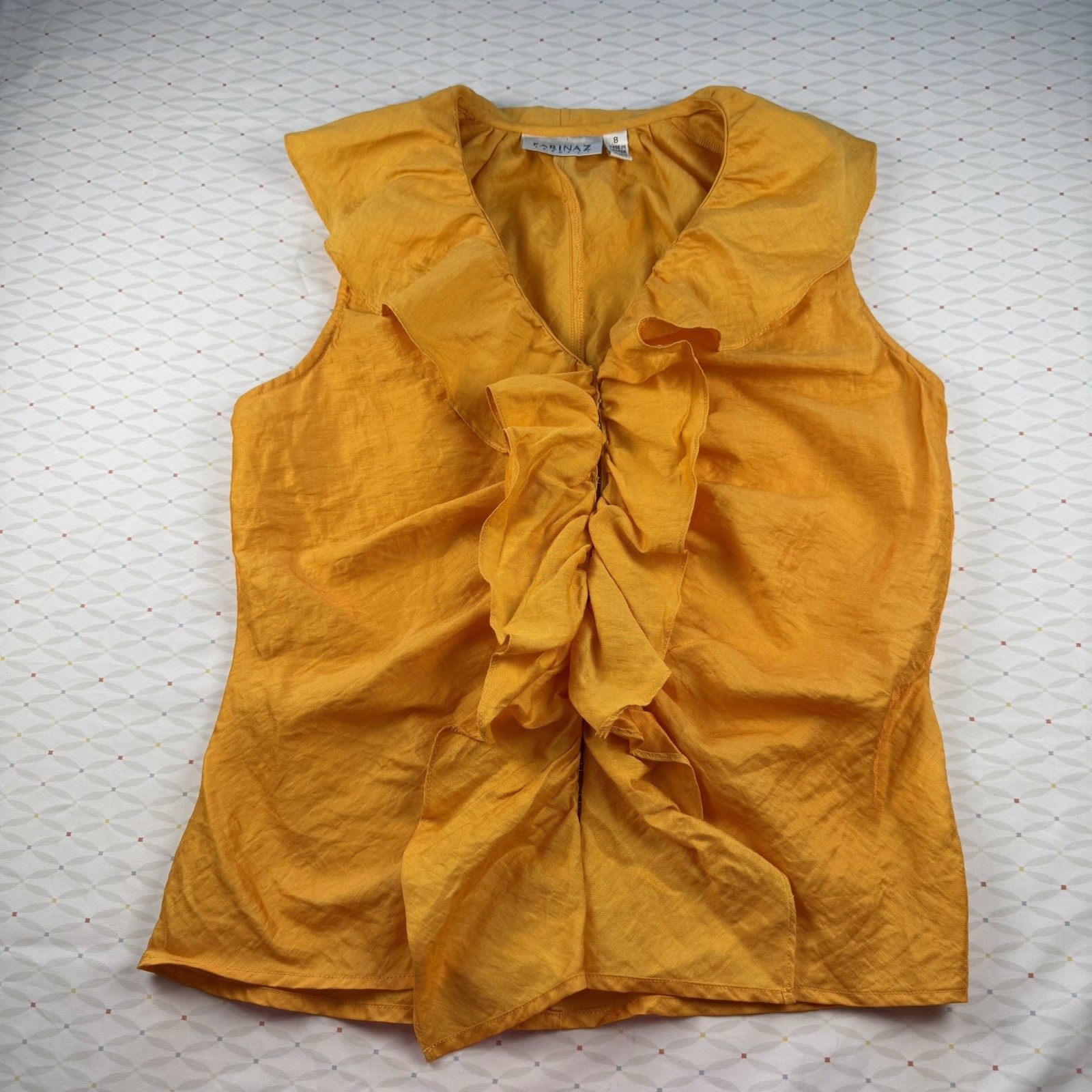 Farinaz Taghavi Women’s 8 Linen Blend Iridescent Sleeveless Blouse Ruffle Front