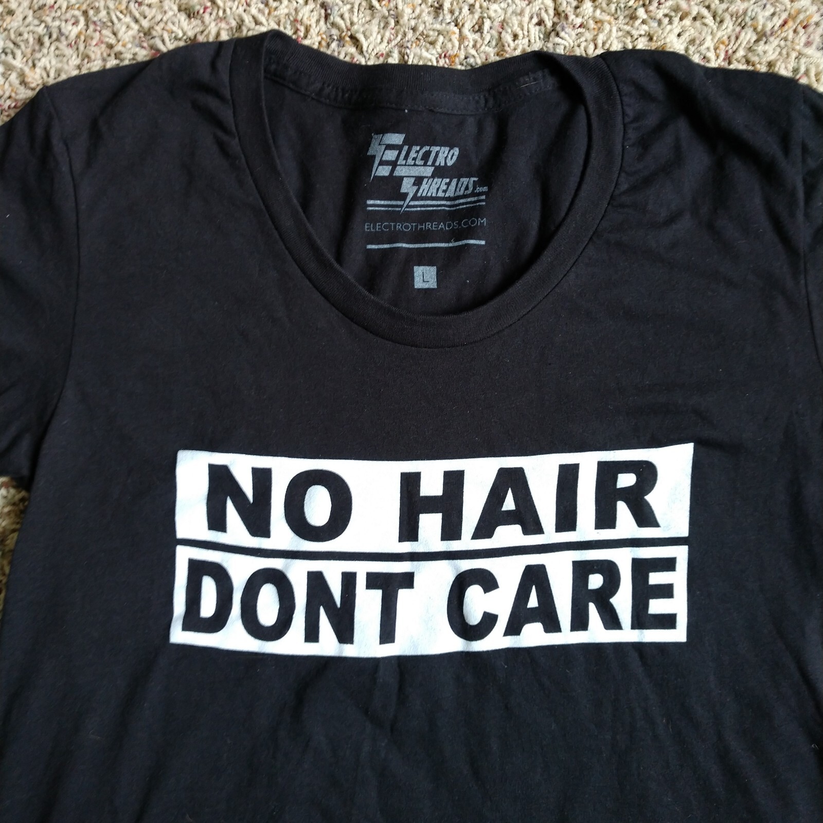 Electro Threads No Hair Don’t Care Proud To Be Bald T Shirt Women’s Large