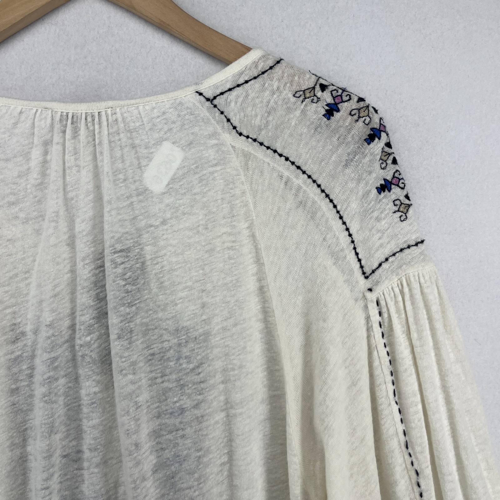 LUCKY BRAND Top 1X Plus Boho Peasant Tunic Tassel Tie Slub Linen Blend Off White