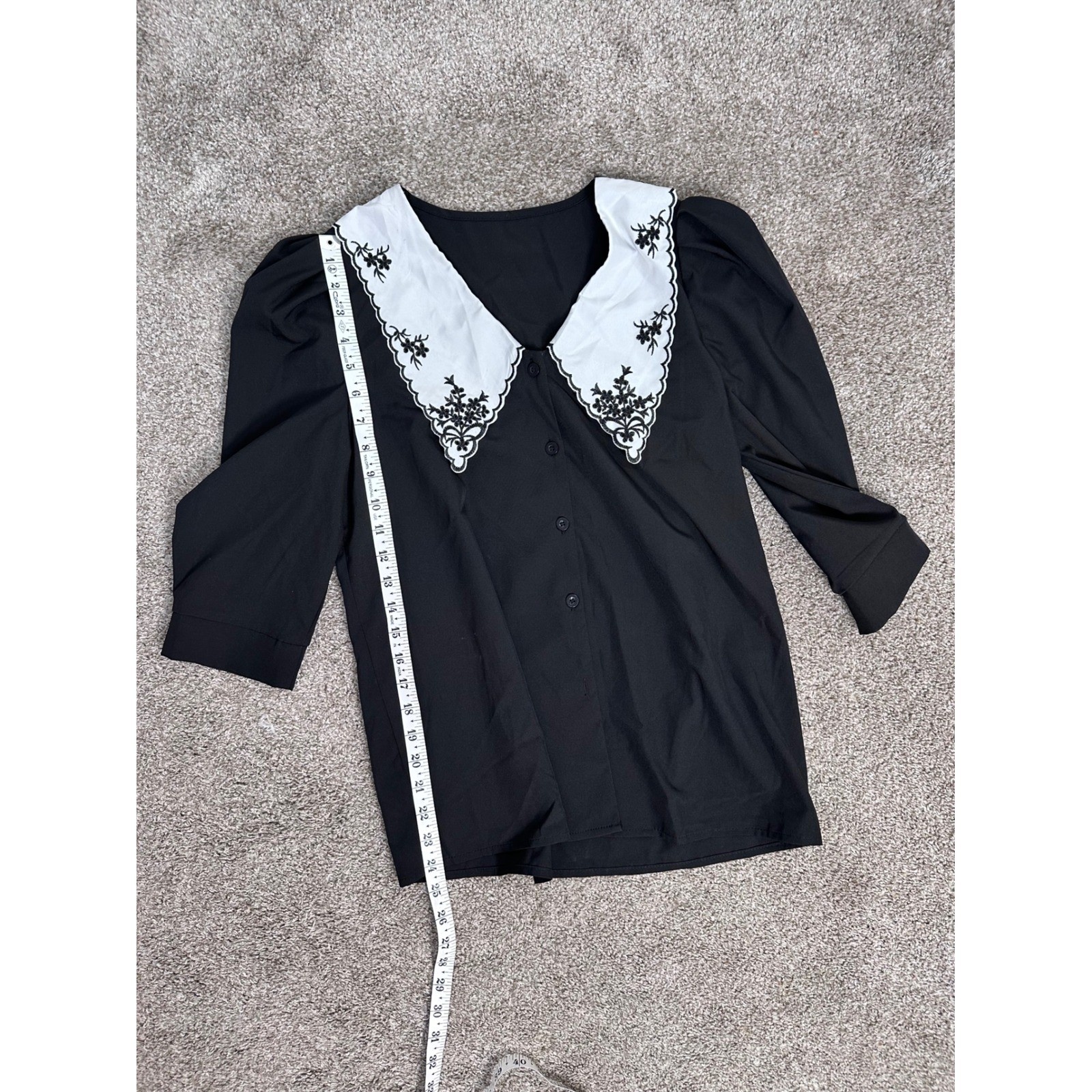Black Embroidered Oversized Collar Blouse 3/4 Sleeve Button Front Top