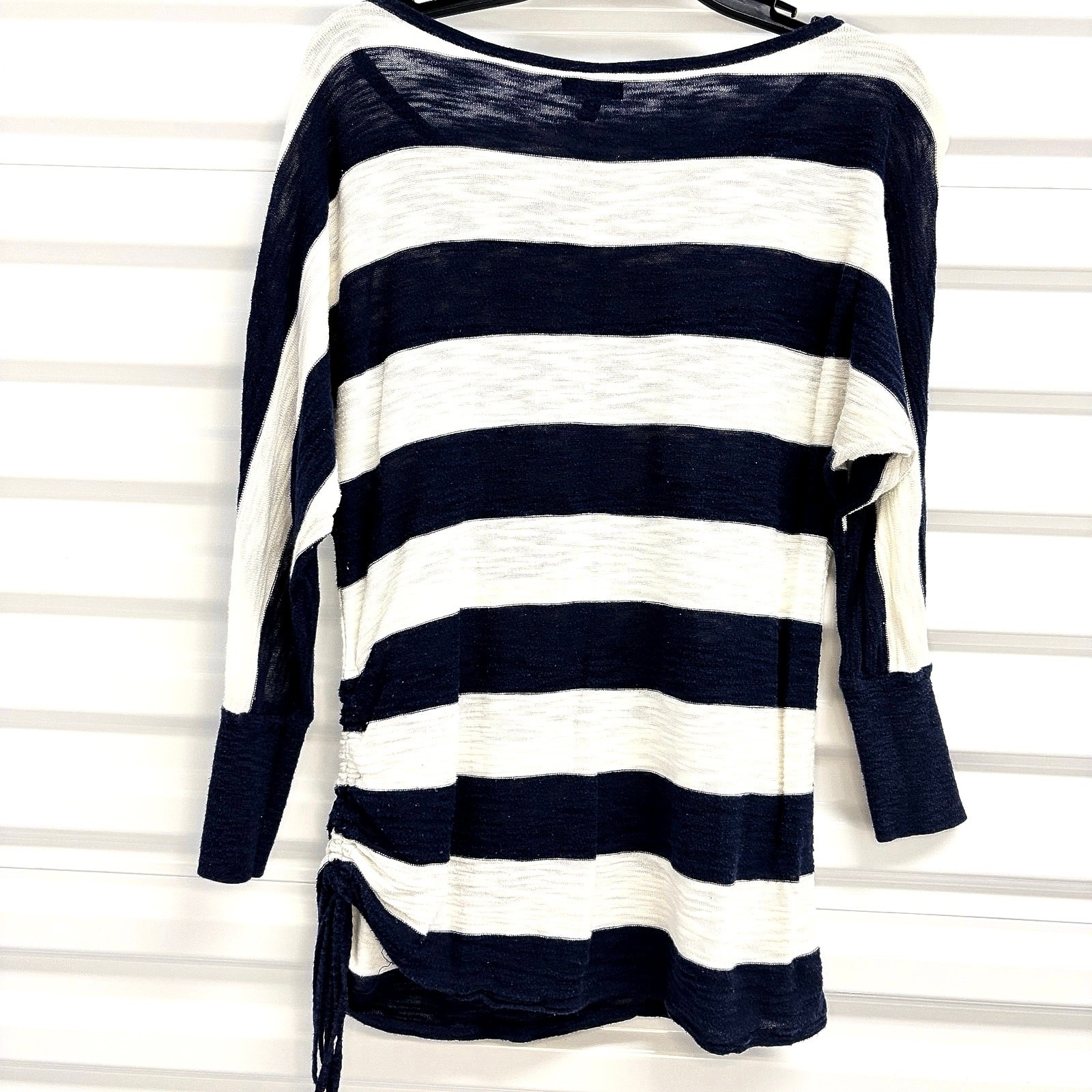 Express Womens S Navy White Striped Knit Top Side Ruched Drawstring 3/4 Sleeve