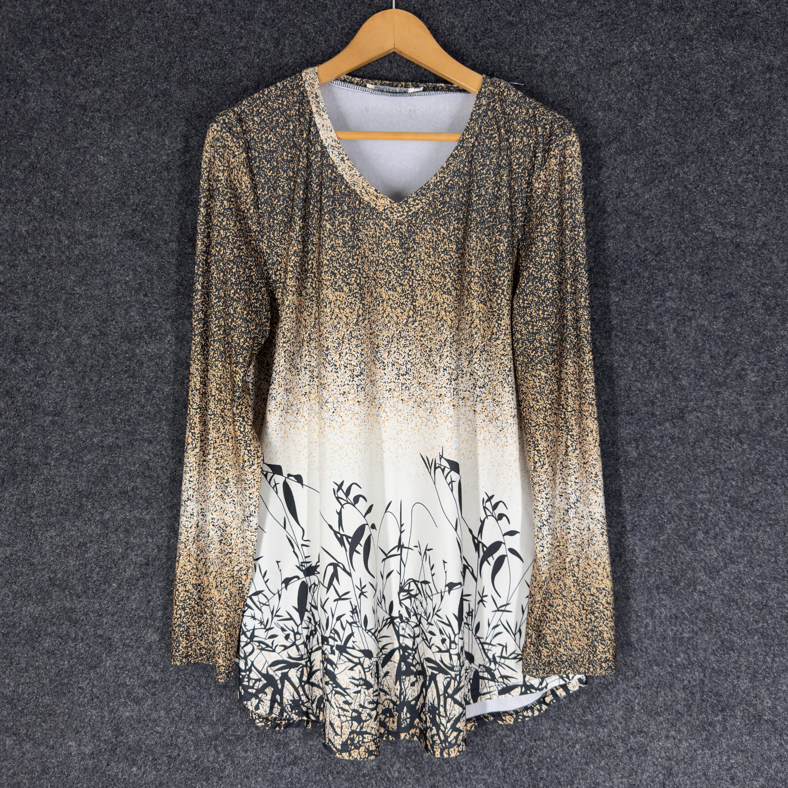 BaiShengGT Top Women XL Brown Floral V-Neck Long Sleeve Pullover Blouse Stretch