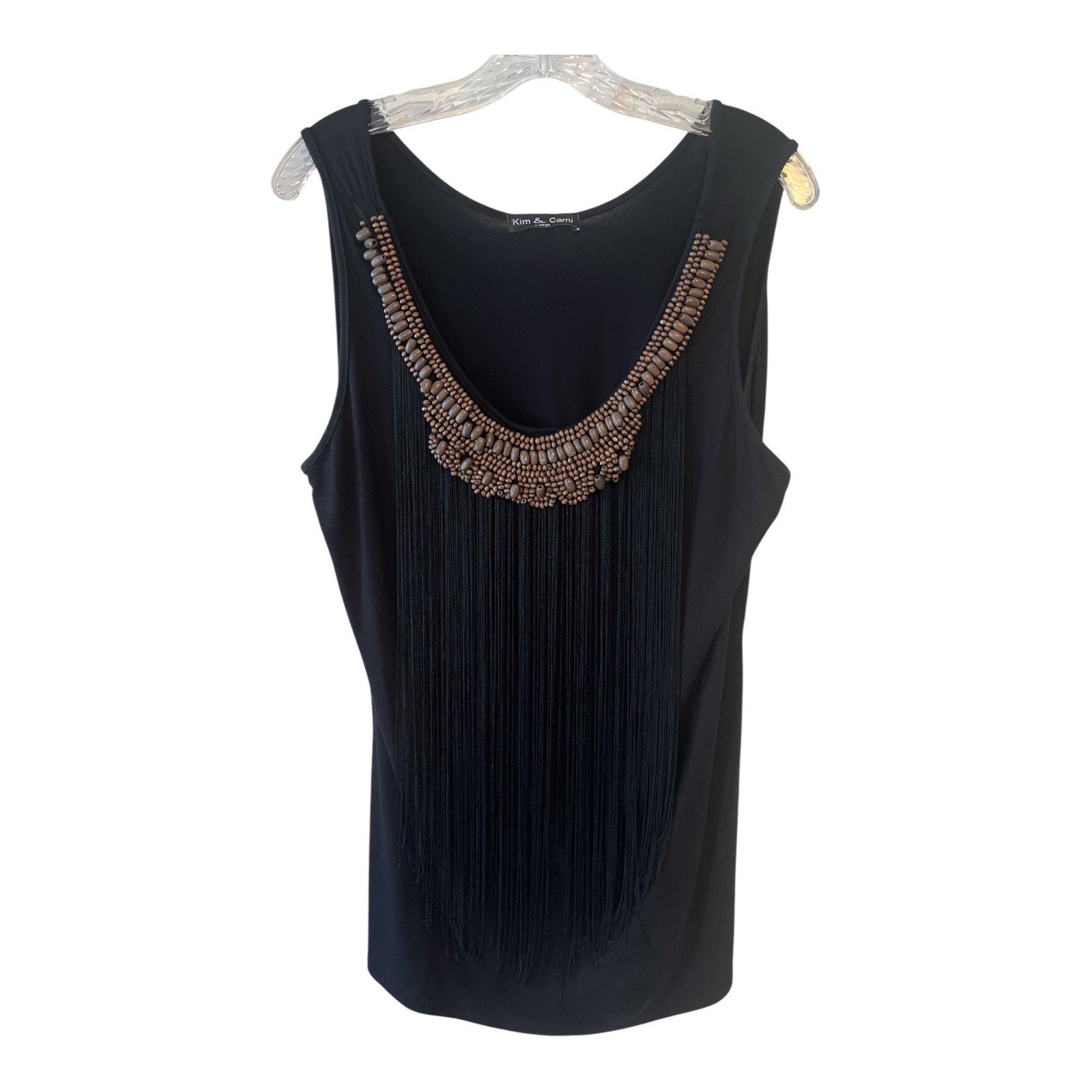Kim & Cami Black Beaded Fringe Tank Top XL Boho Statement Sleeveless Made USA