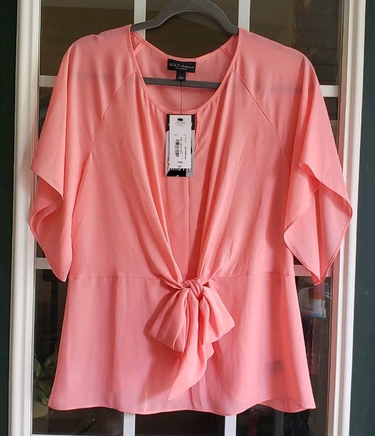 Bold Elements Women’s Peach Keyhole VNeck Tie Front Kimono Top Large Bin1-86