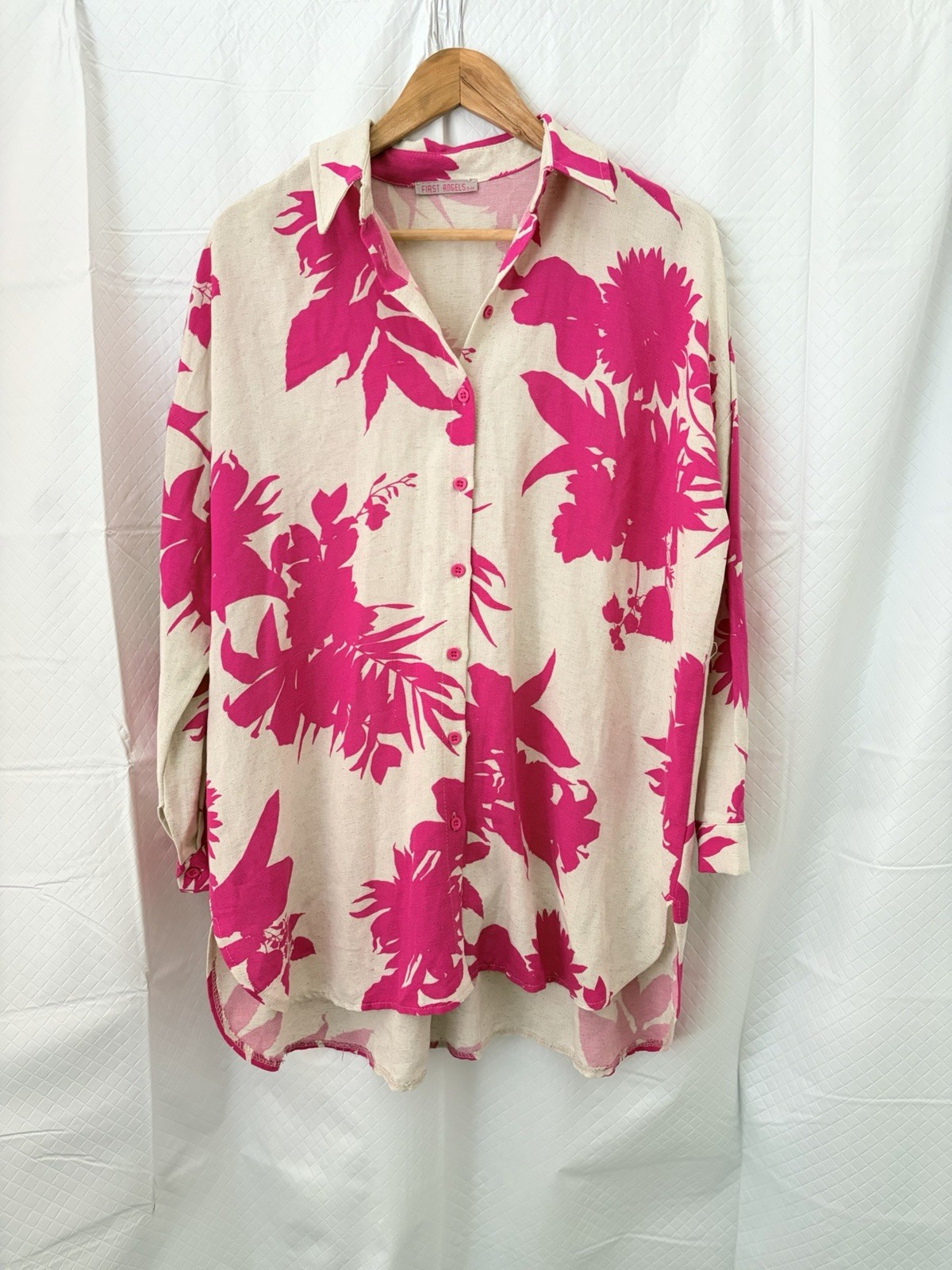 First Angels Button-Front Oversized Long Sleeve Shirt with Hot Pink Dress Shirt