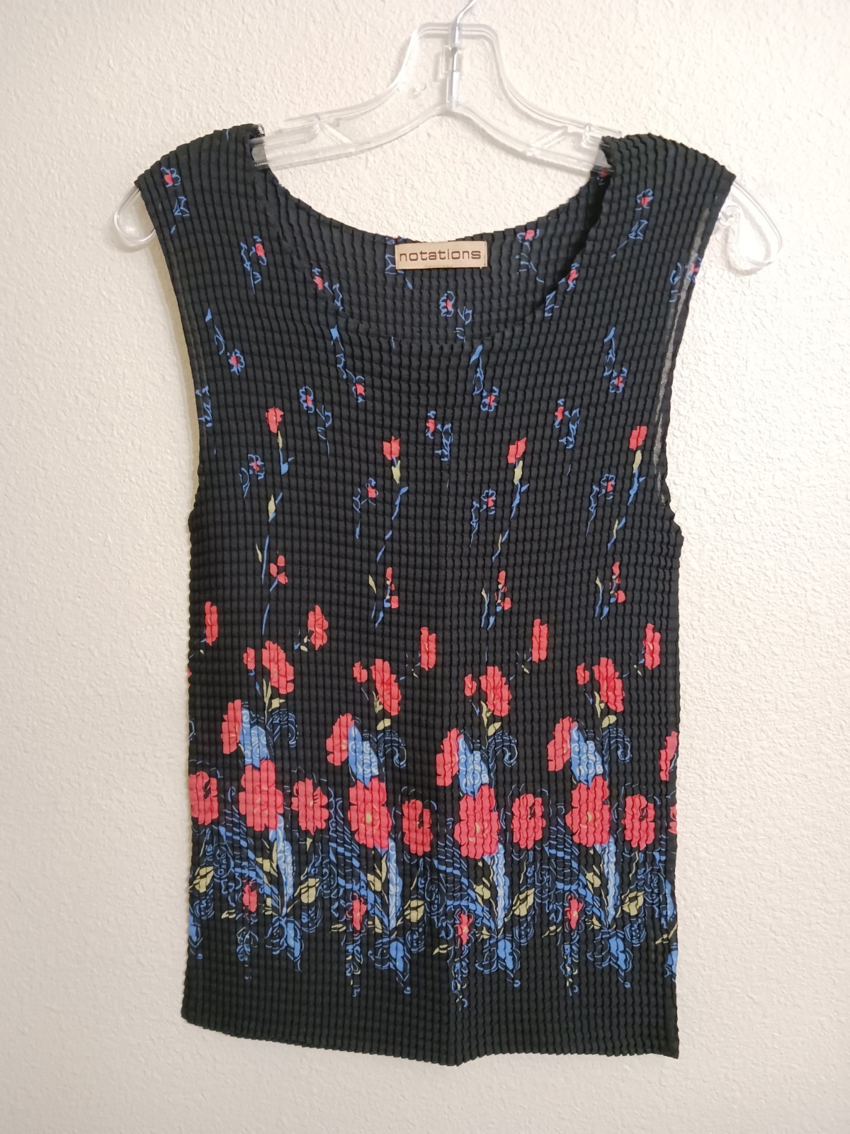 Notations Black Crinkle Floral Blouse Stretchy Small to Large Size Y2K