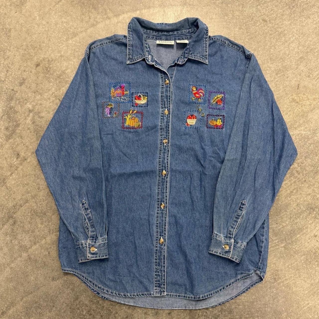 Vintage 90s Embroidered Denim Button Up Shirt Apples Farm Animals Western M