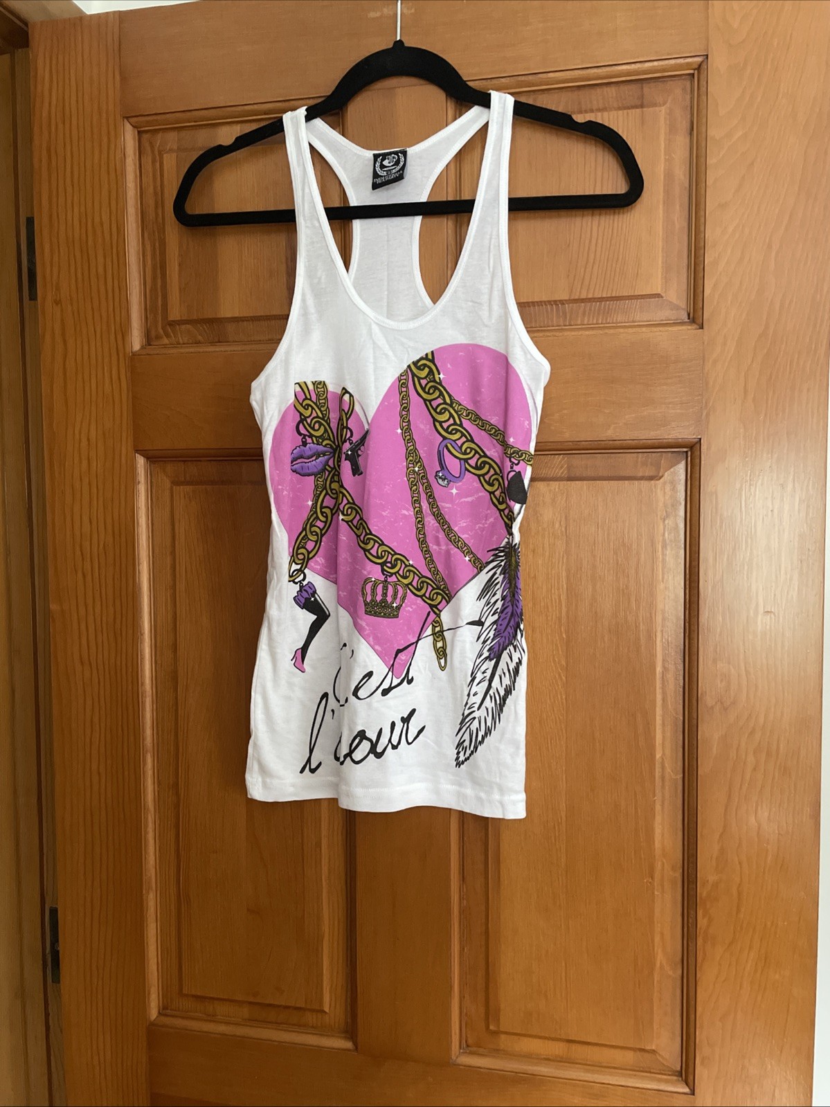 Industrial Tea Party Graphic White Racer Back Cest Lamour Tank Top Women’s S