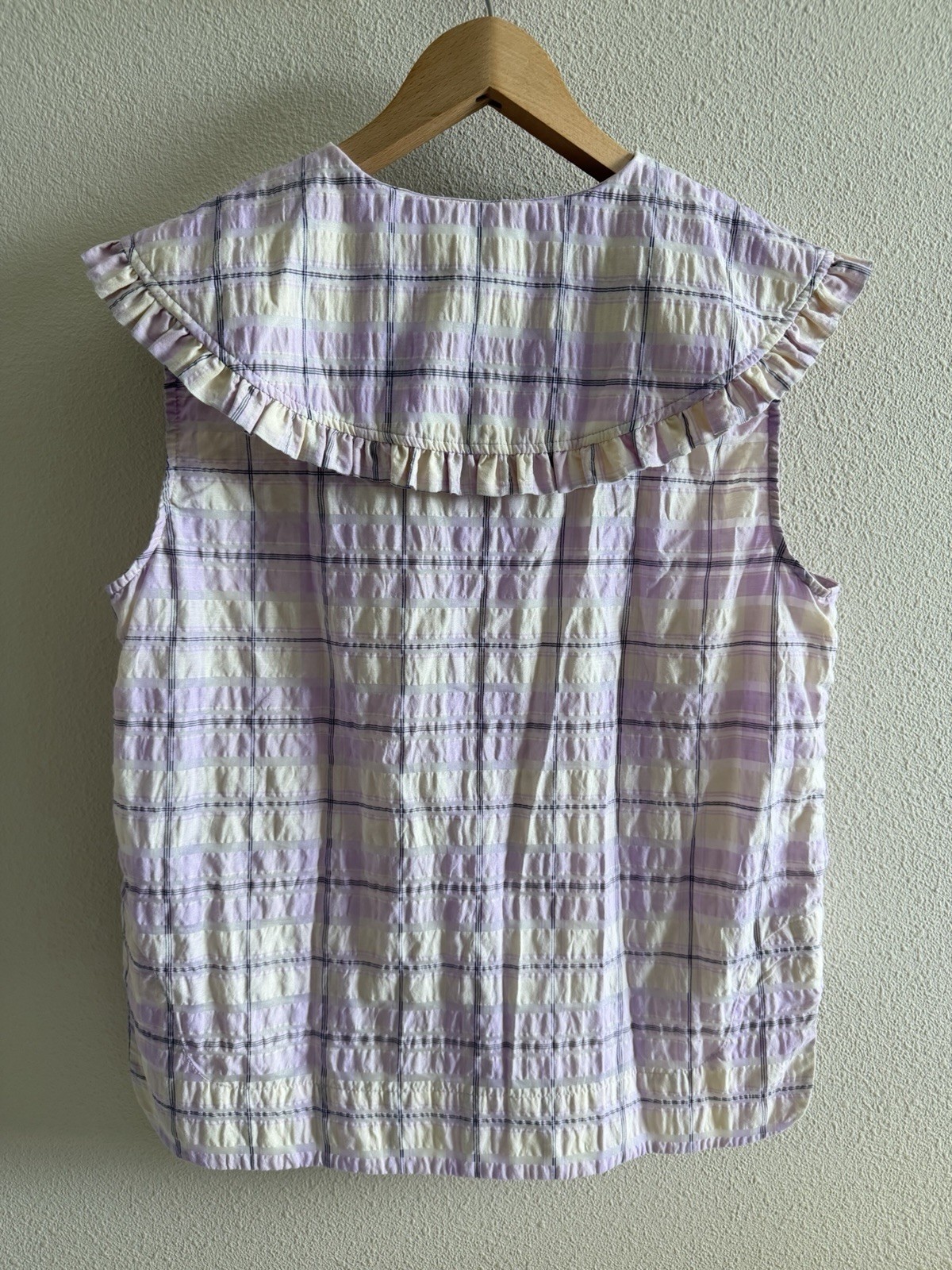 GANNI Womens Medium EU 40 Purple Check Ruffle Collar Blouse Scandi Feminine