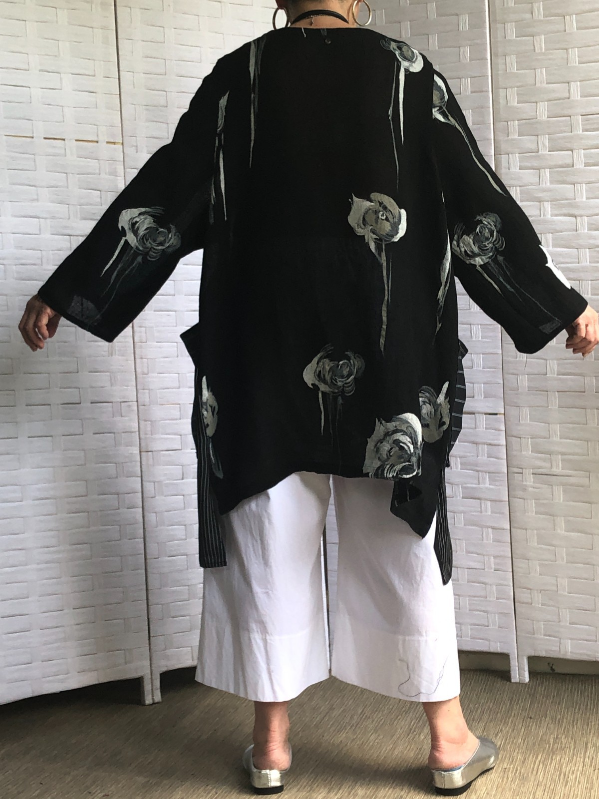 Lagenlook Asymmetric Artsy Boho Upcycle Linen Floral Black Tunic Necklac OSFM