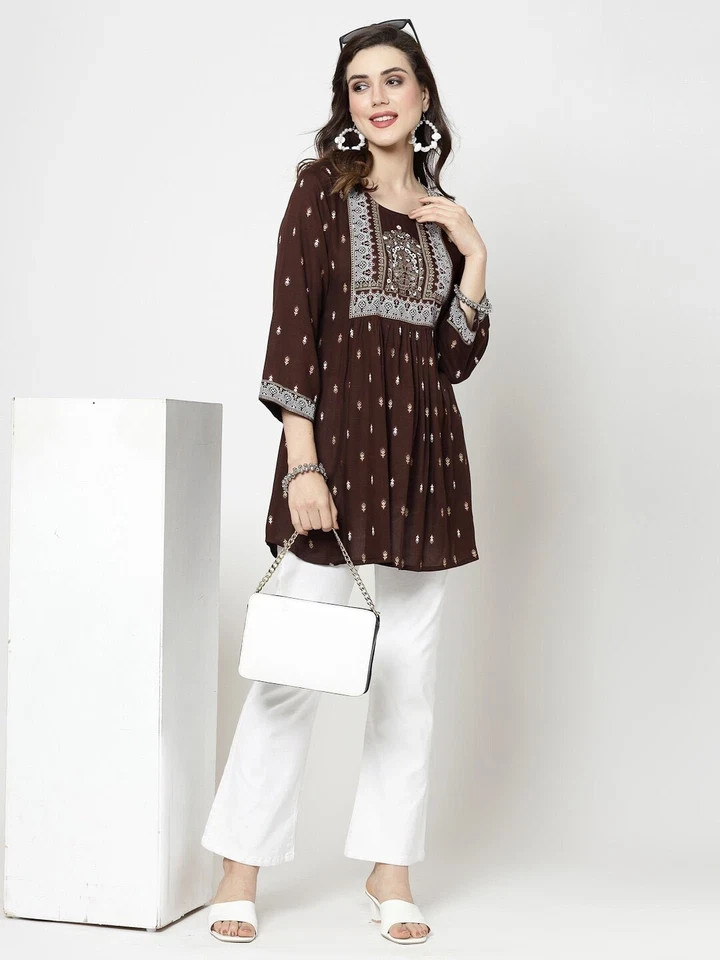 Indian Women Rayon Coffee Brown Floral Printed Top Tunic Kurta Kurti New Dress
