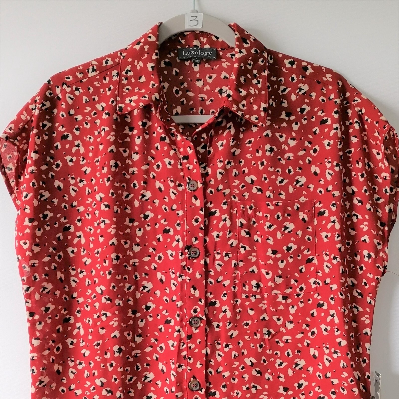 Luxology Womens Red Sleeveless Collared Overall Printed Button Up Top Size S New