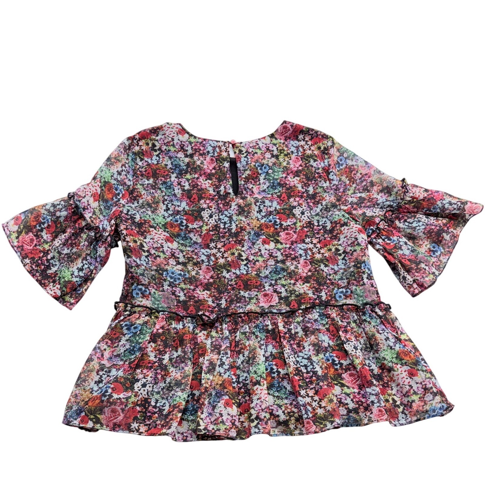 Vero Moda Floral Ruffle Bell Sleeve Peplum Blouse Womens XS Multicolor