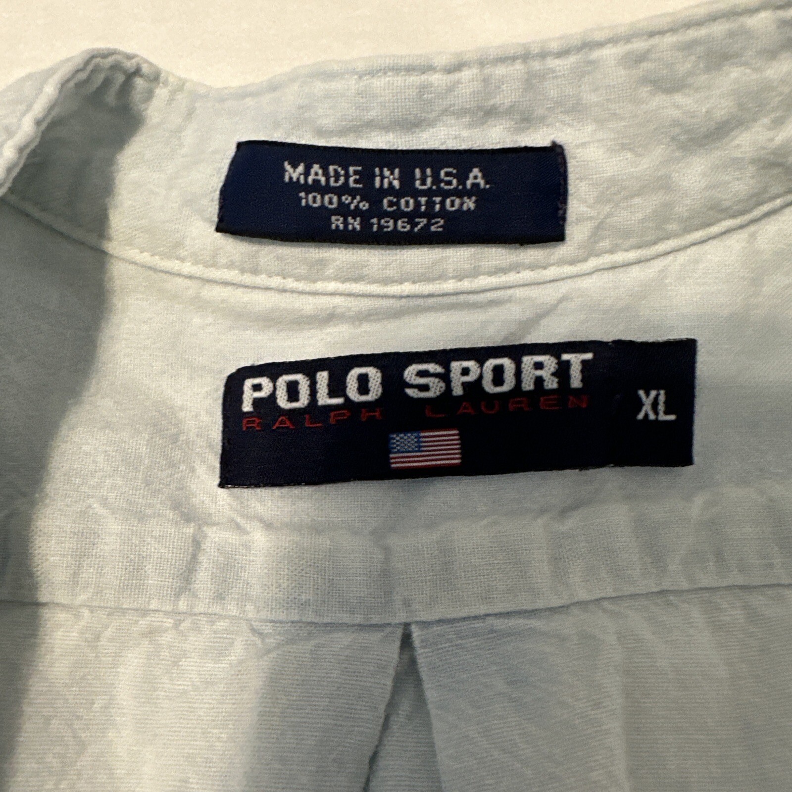 Vintage POLO RALPH LAUREN Sport Spell Out USA Flag Button Shirt 90s Blue XL