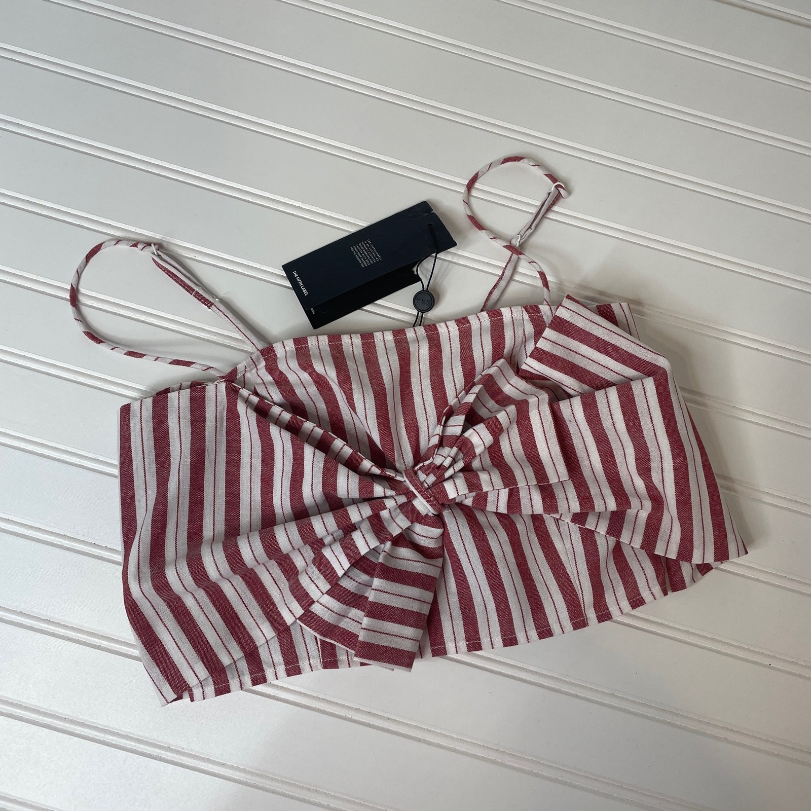 GRLFRND Black Raw Hem Denim Shorts & Fifth Label Striped Tie Front Crop Top Set