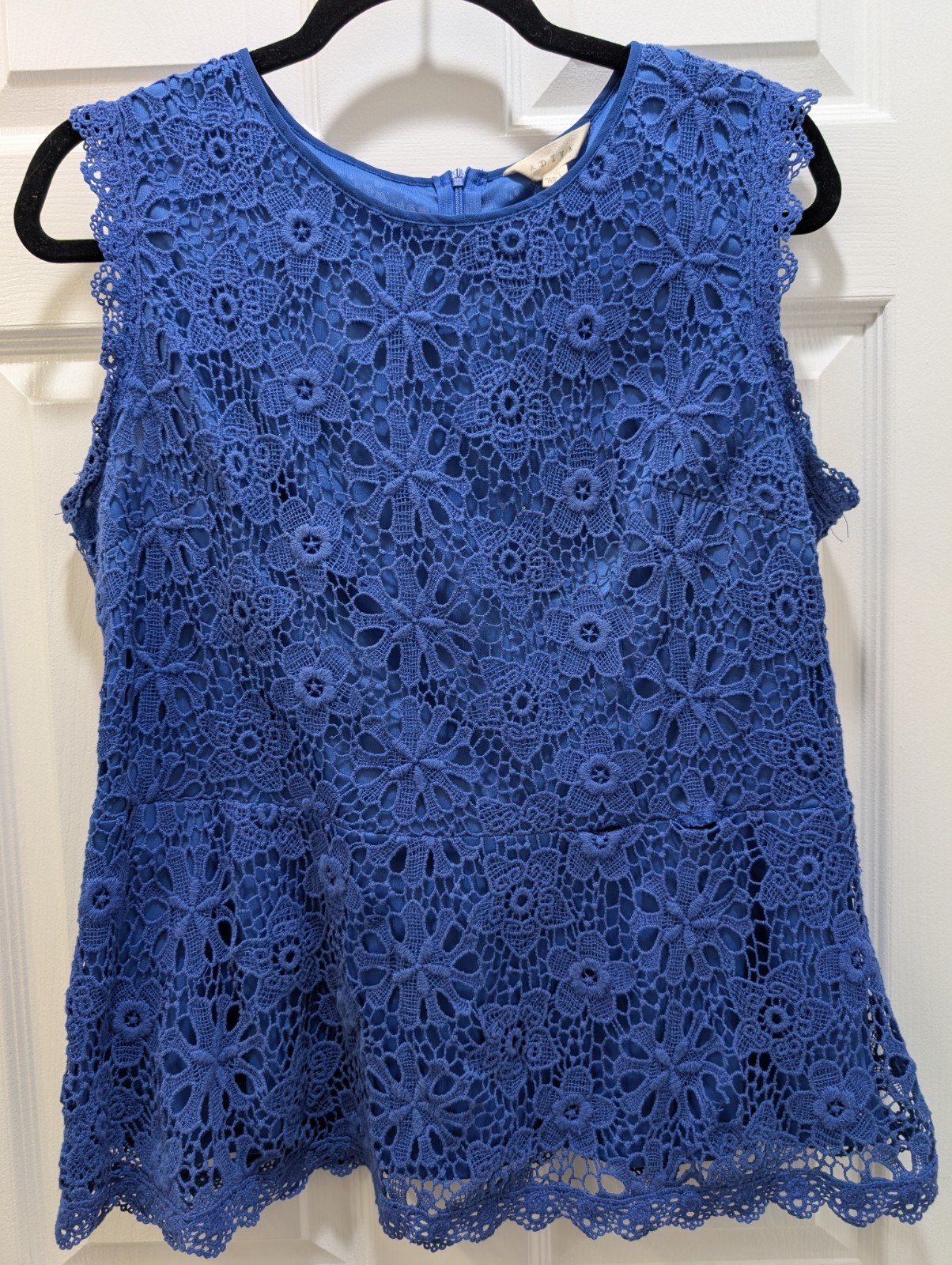 Adiva Blouse Womens L Crocheted Blue lace 100% Cotton Lined Top 1/4 Zip Back