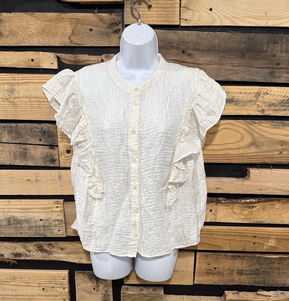 H&M Cream Cottagecore Gauzy Ruffle Trimmed Blouse Size Large