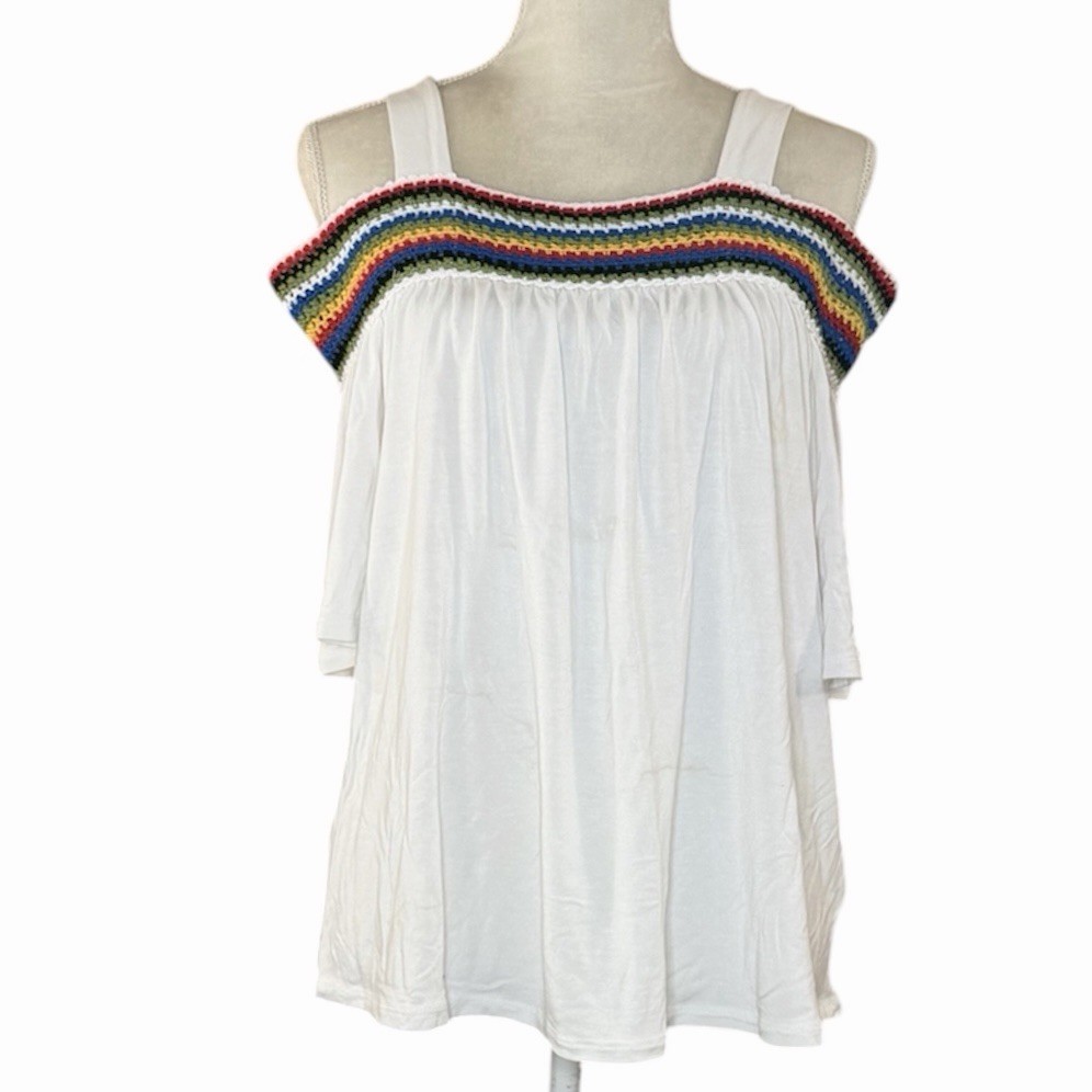 Cha Cha Vente Women’s Medium White Cold Shoulder Crochet Rainbow Boho Top