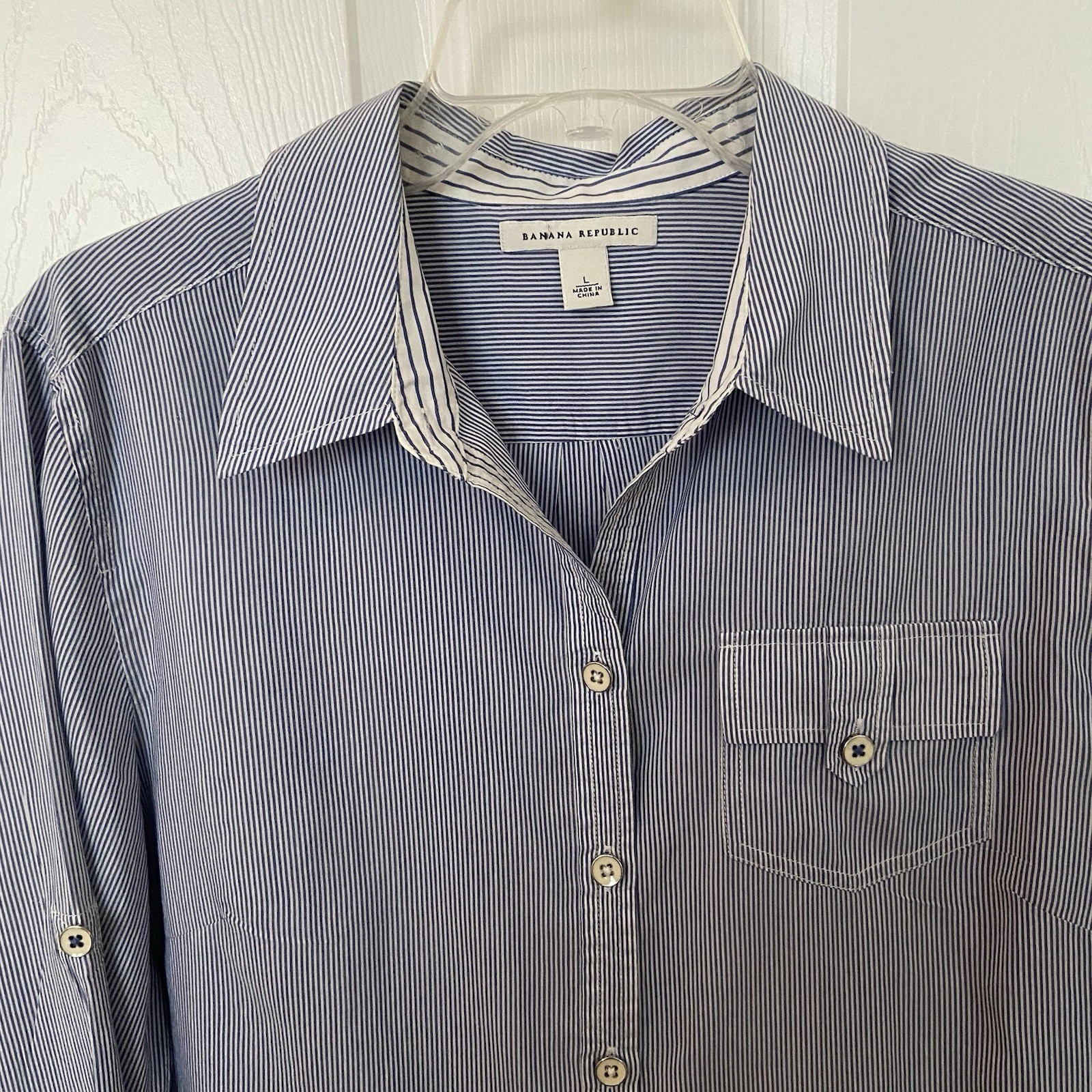 Banana Republic Blue White Pinstripe Cotton Silk Button Front Shirt Large
