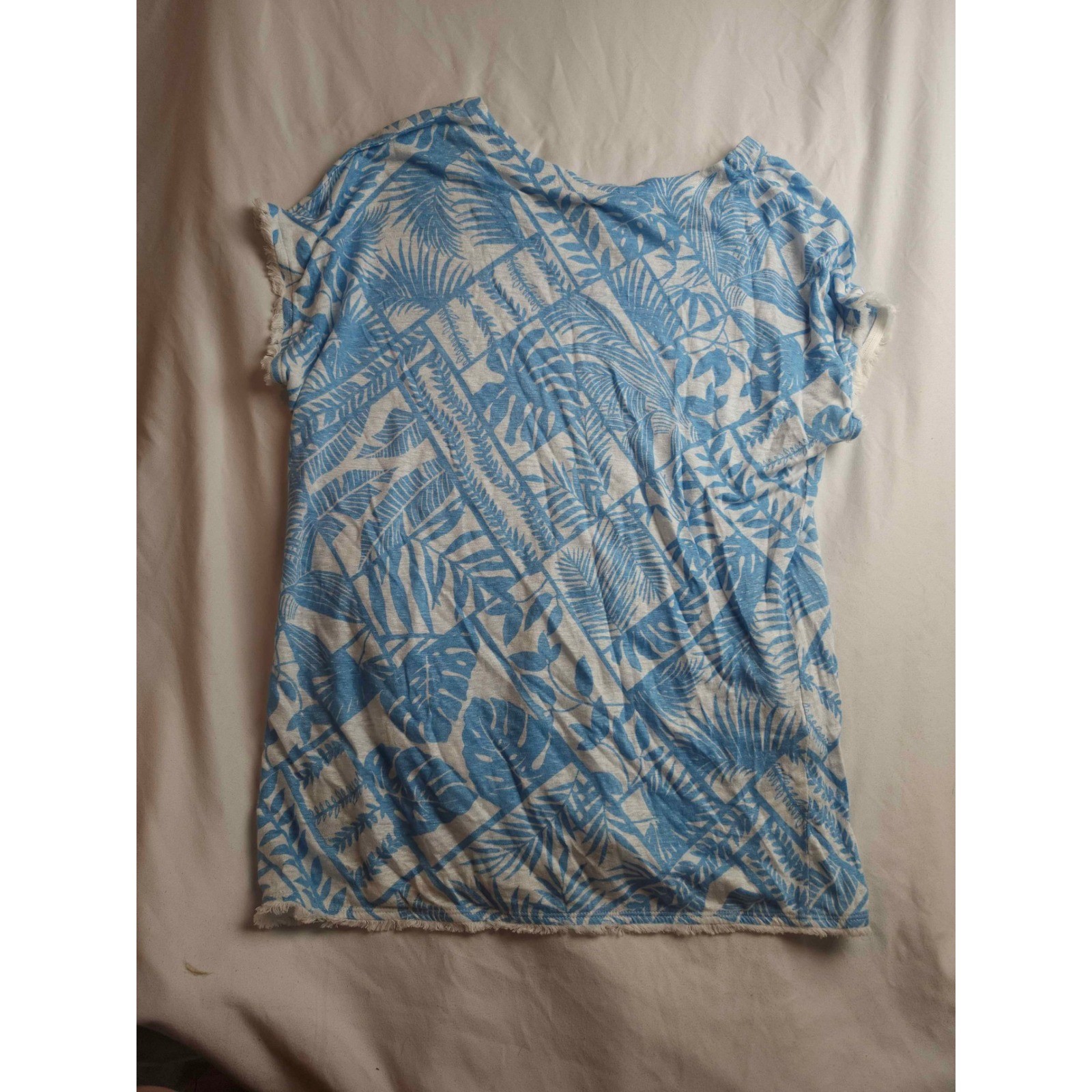 Tommy Bahama Womens Blue White Tropical Palm Print 100% Linen V-Neck Top Small