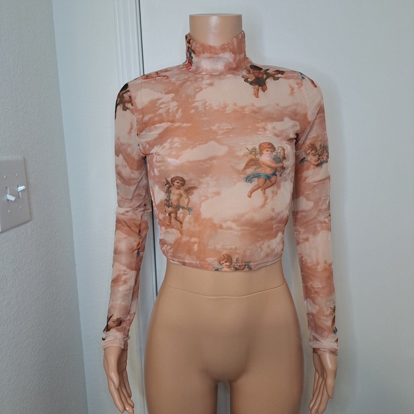 Sheer Crop Top Cherub Angels Valentines Cupid Long Sleeve Shirt Womens Size L