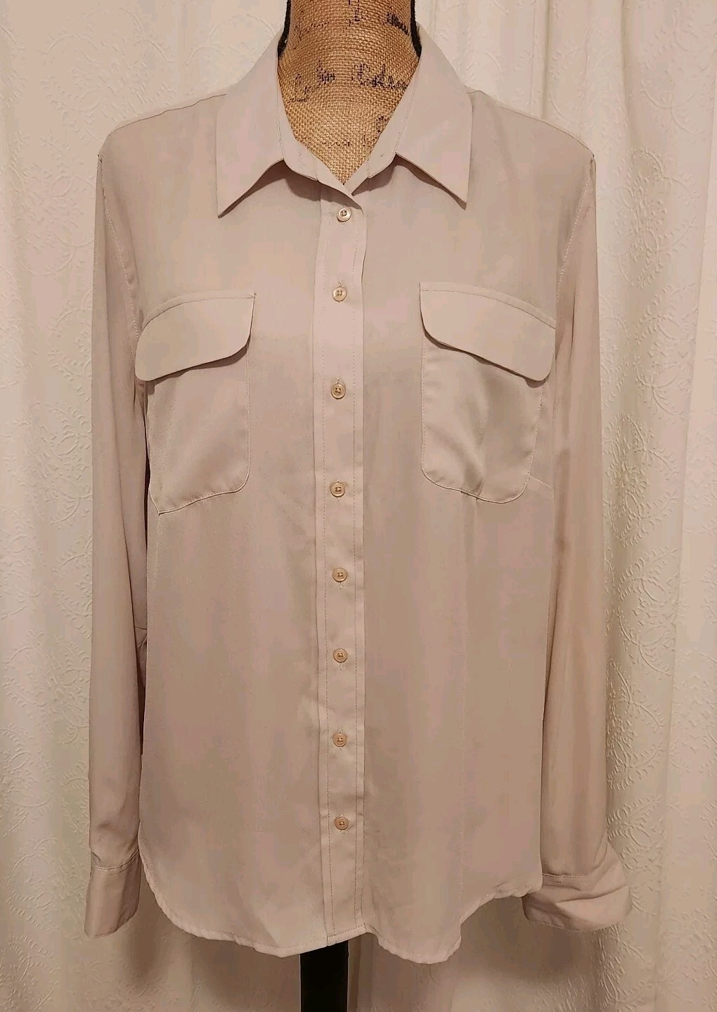 Investments II Women’s 1X Natural Long Sleeve Chiffon Button Closure Blouse NEW