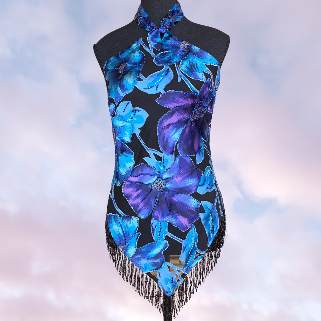 Vtg Cache Blue Purple Black Beaded Asymmetrical Halter Silk Floral Tropic Top M