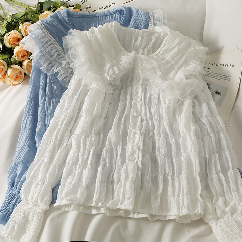Ruffled Lace Rouches Button Long Sleeve Casual Shirt Blouse Top
