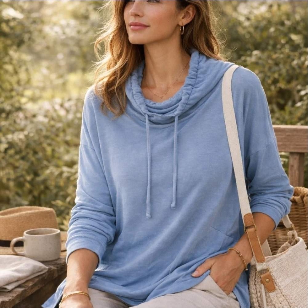 Pure Jill Luxe Tencel Cowl Neck Tunic Top Size L Petite Blue Soft Pocket
