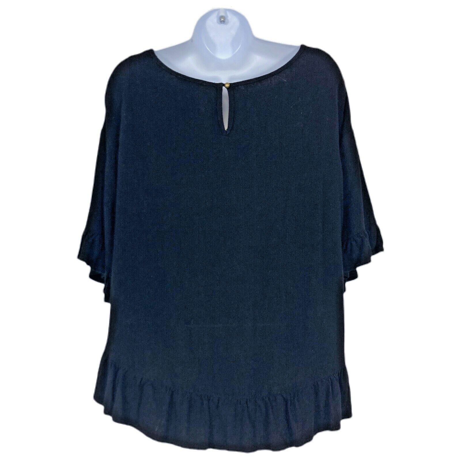 Ruffle Hem Linen Top Drop Shoulder Keyhole Black M Bohemian