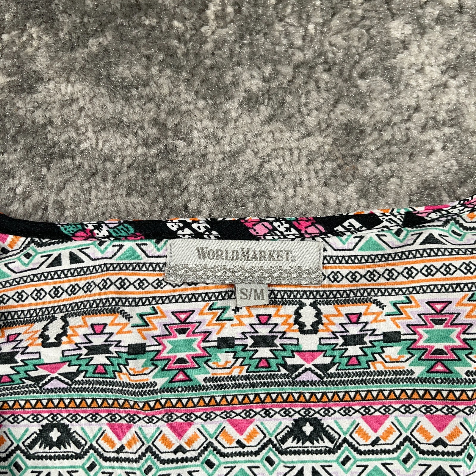 World Market Tunic Blouse Womens Small S Black Pastel Aztec Print Peasant Boho