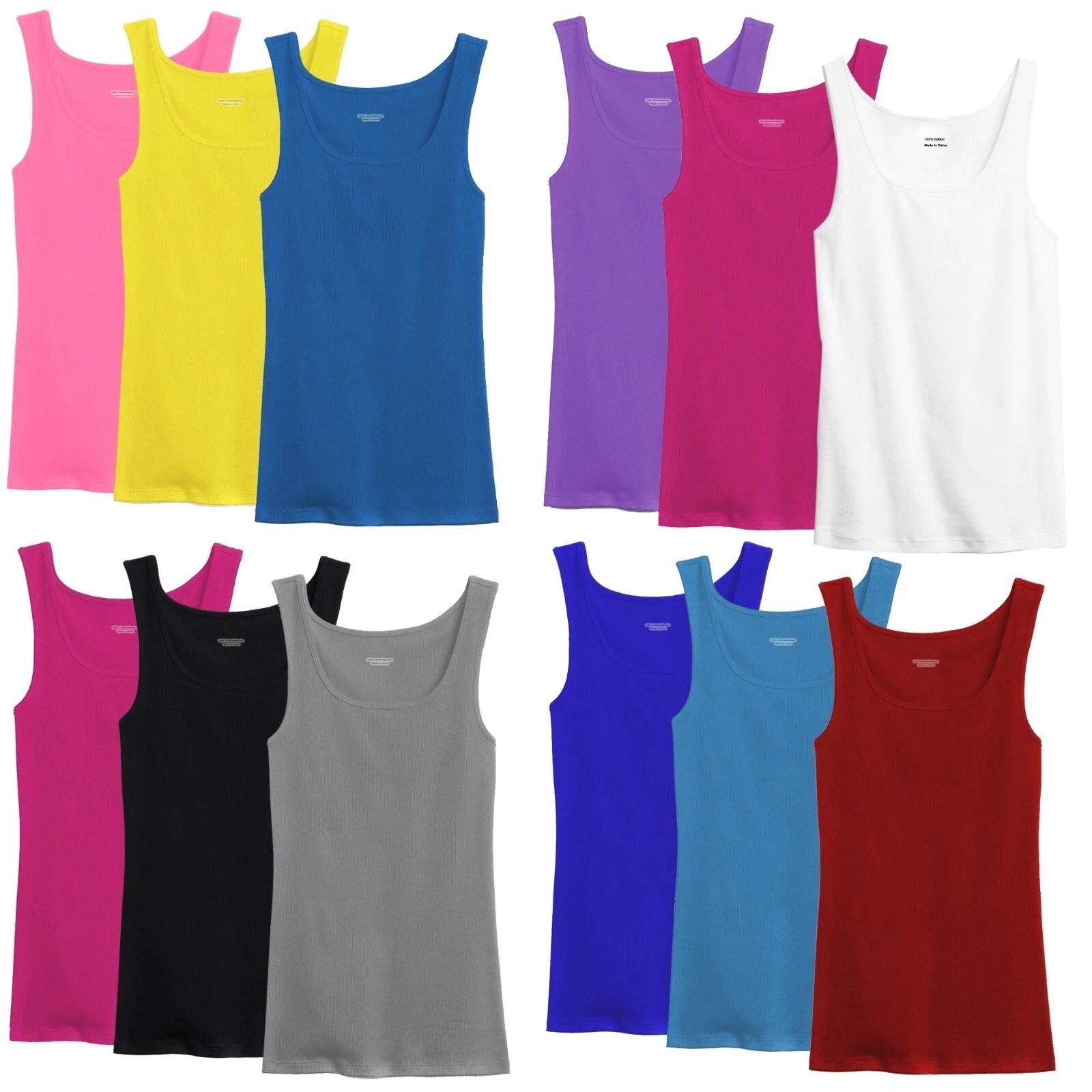 3-12 Pack Mixed Colors Women 100% Cotton Basic Ribbed Tank Top Sleeveless Shirt